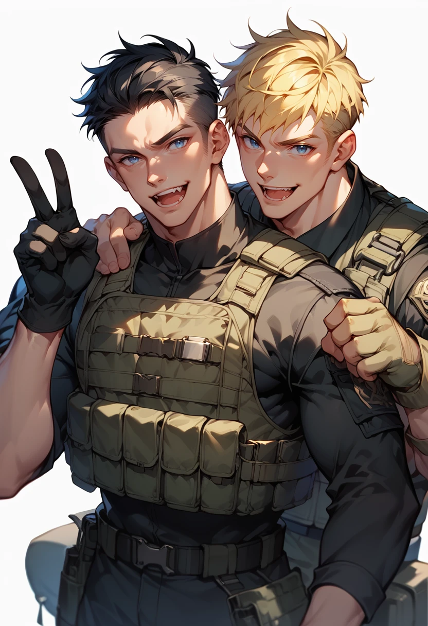 (score_9, score_8_up), score_7_up, 2boys, many, bara, hand on shoulder, grinning, smiling, frowning, black hair, blue eyes, grey eyes, blonde hair, white background, black uniform, military, black military uniform, black bulletproof vest, (all black attire:1), mouth open, fang, cute, clenched hand, gloves, v sign, dark camouflage, simple background, black shirt 
<lora:warcore-000011:0.9>