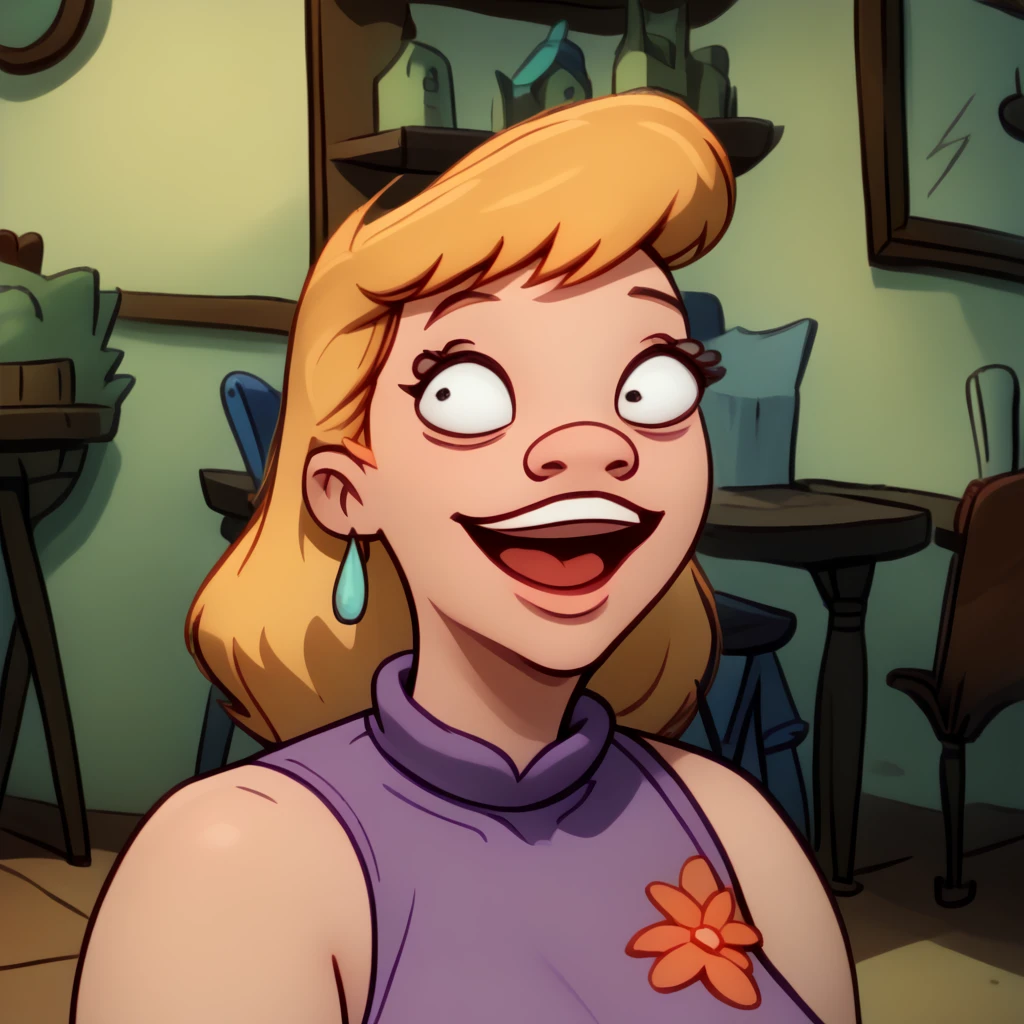 <lora:Torvalds_Mom_-_Hey_Arnold_-_1996-09:1.25> 1girl, blonde hair, eye shadow, purple dress, earrings, sleeveless dress with floral print, solo, indoors, jewelry, floral print, smile, sleeveless, dress, long hair, open mouth, parody, portrait, lowered eyelids, smile, open mouth, source_cartoon, score_9, score_8_up, score_7_up,