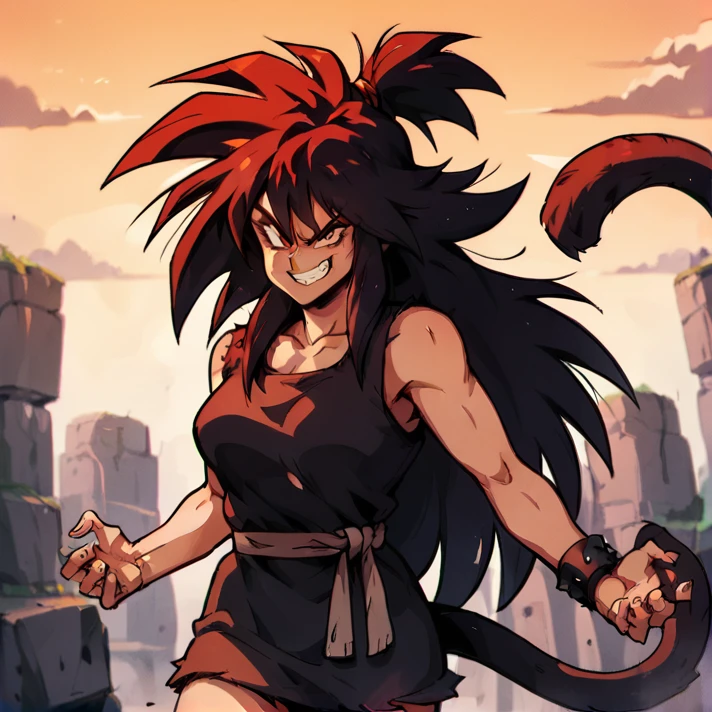 score_9, score_8_up, score_7_up, score_6_up, D-ART, D-ART Style, <lora:Saiyaness_r1:0.8> saiyaness, monkey tail, 1girl, solo, spiked hair, tied hair, long hair, cave pelt, postapocalyptic, evil grin