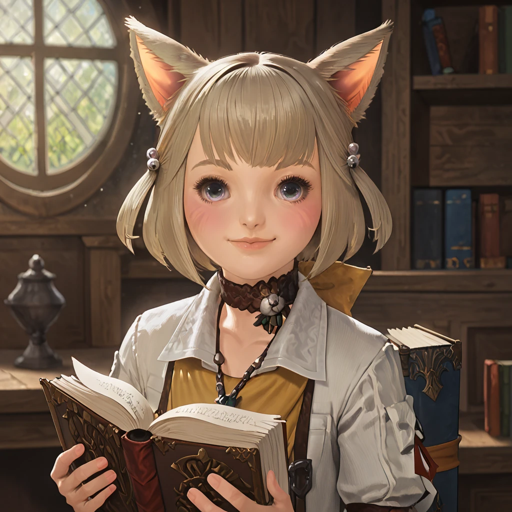 score_9, score_8_up, score_7_up, best lighting, detailed background, cinematic, 4k, hires, <lora:Khl0eAliap0h_PonyXL_V1:1> khl0ealiap0h, 1girl, animal ears, solo, cat ears, miqo'te, looking at viewer, smiling, handing over a book, cute, adorable