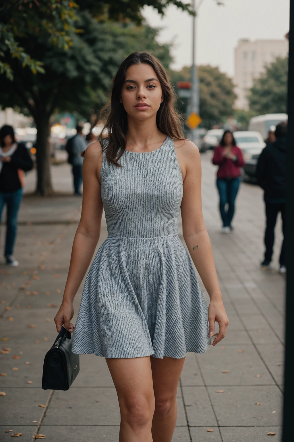 a woman wearing Striped fit and flare dress, (urban park, green oasis, joggers, families, vibrant:0.6), (cinematic lighting:0.4) <lora:[PR]_-_Priscilla_Huggins_Ortiz:1> mt-priscilla, RAW candid cinema, 16mm, color graded portra 400 film, remarkable color, ultra realistic, textured skin, remarkable detailed pupils, realistic dull skin noise, visible skin detail, skin fuzz, dry skin, shot with cinematic camera