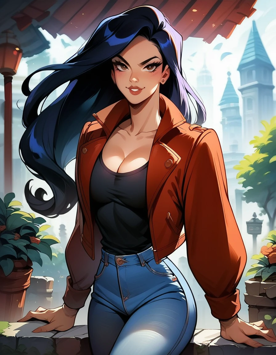 score_9, score_8_up, score_7_up, score_6_up, score_5_up, score_4_up, rating_safe, source_cartoon, Elisa Maza 1girl, solo, long hair, breasts, looking at viewer, black hair, sexy, red jacket, jeans, cleavage, black shirt, park, night moon, brown eyes, looking at viewer 