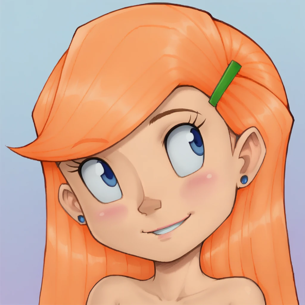 score_7_up, BREAK, Riley,  1girl, solo, orange hair, long hair, blue eyes, hairclip,  <lora:RileyDaring_FluffyStyle_PXL_Leaf1:0.8>, gradient background,portrait,