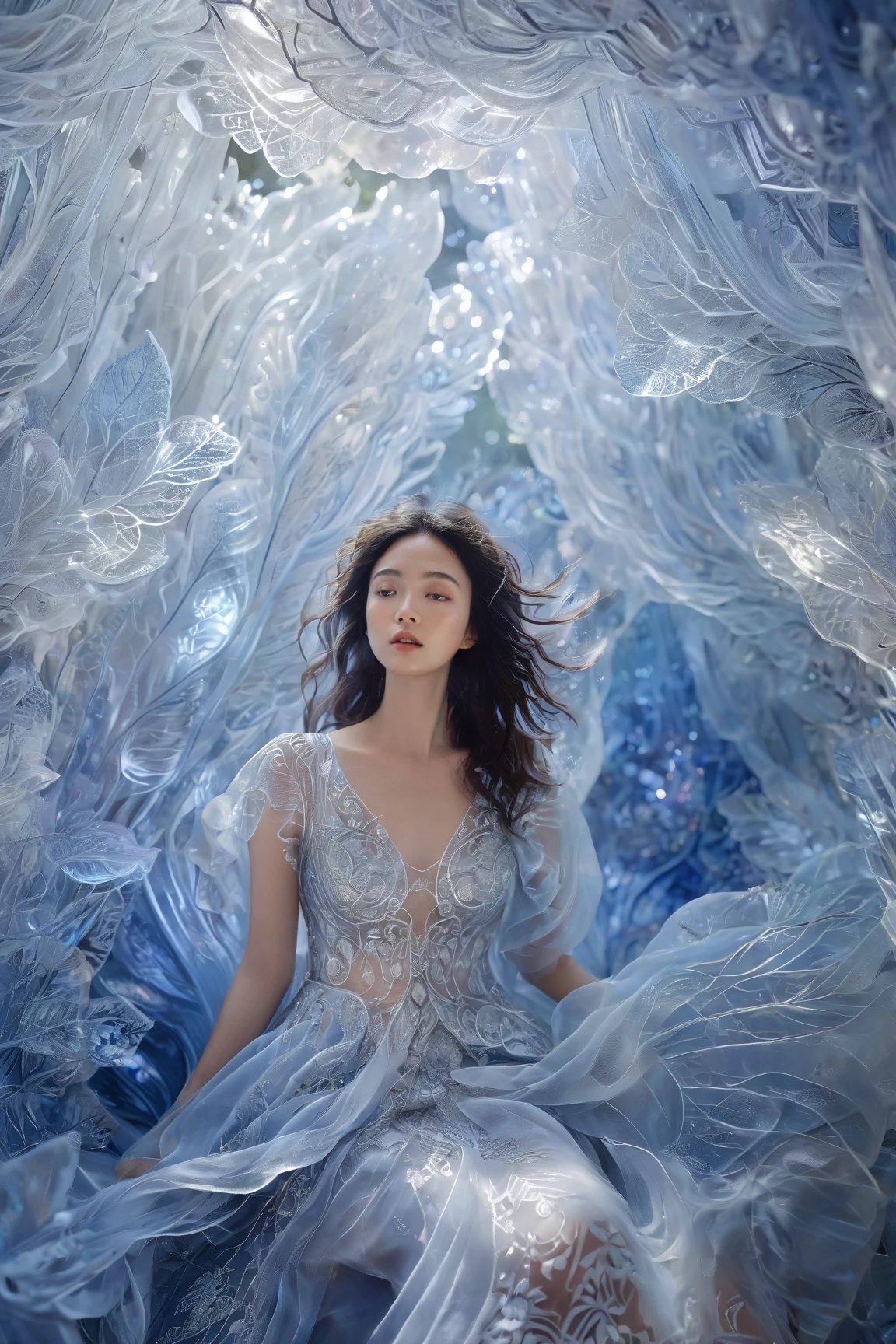 A woman surrounded by intricate, translucent crystal-like structures. She appears to be submerged or enveloped by these structures, with her face and upper body prominently visible. The woman has dark, wavy hair that flows around her, and she is wearing a detailed, silver-colored dress with ornate patterns. The overall ambiance of the image is ethereal and dreamy, with a cool color palette dominated by blues and whites.<lora:EMS-412156-EMS:0.600000>, <lora:EMS-310343-EMS:0.800000>