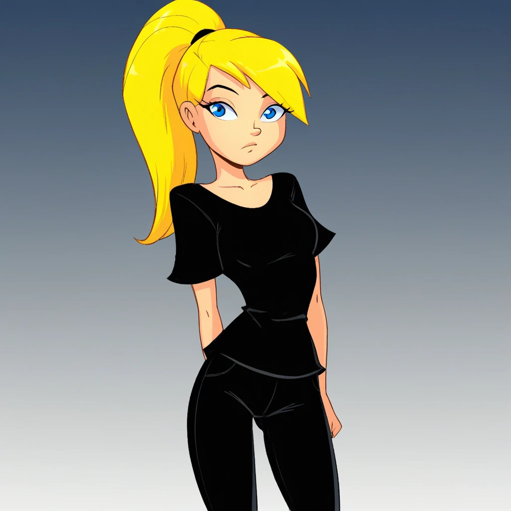 fluffystyle, 1girl, solo, blue eyes, ponytail, blonde hair, black shirt, black  pants,  <lora:Fluffy_Style_Leaf1:1>, cowboy shot,  gradient background,