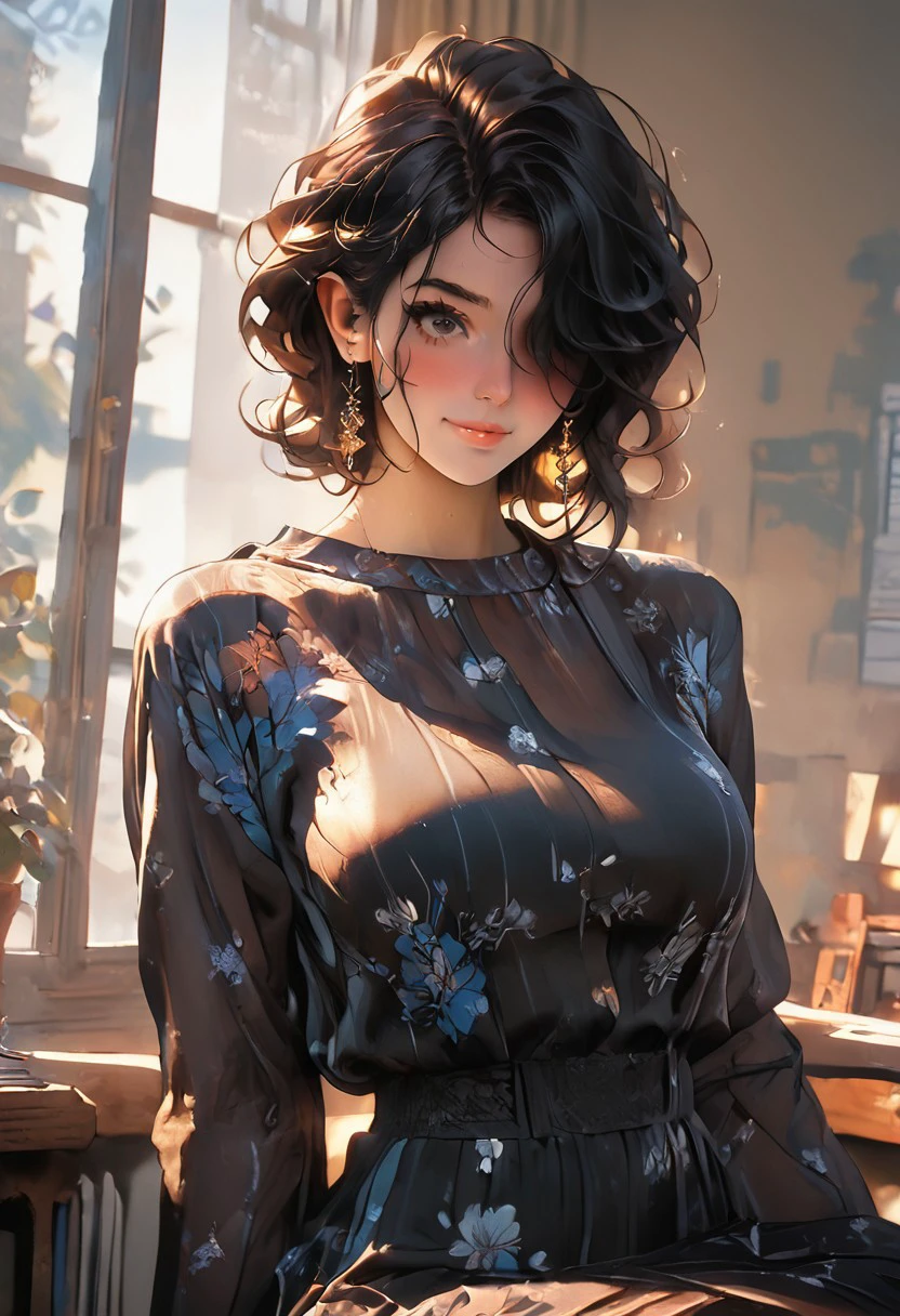 score_9, score_8_up, score_7_up,  1girl, black hair, Floral, Floral pattern, Plunging gown, gown, long sleeve, shiny skin, huge breasts, eye contact, hair over one eye, light smile, tilted angle, moody lighting, suggestive pose, window, professional lighting, science fiction, perfect quality, high quality, photorealistic, sitting BREAK orange and blue hue, (abstract:0.2), expressiveH