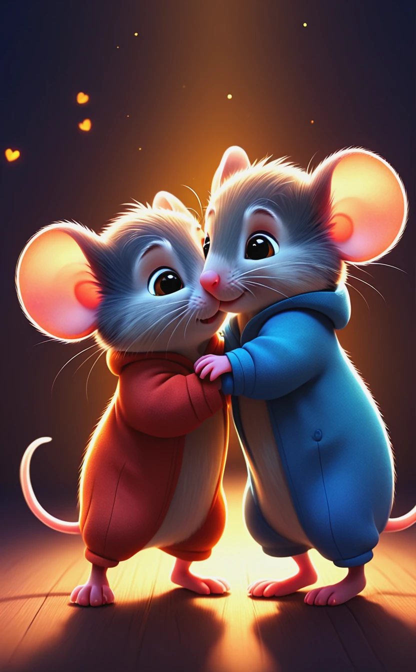 Love is, two cute mouse hugs, illustration, cute cartoon, painting, animation, cinematic lighting, backlight, soft shadows, sharp focus, strong bold lines, fractal, colorful, depth of field, best quality, 16k resolution,  <lora:Love_is_antinoice_XL:0.7>