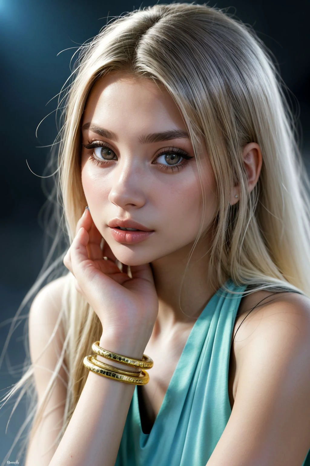 Close-up of a young person's face, AleksandraJ, with tousled light blonde hair partially obscuring their left eye. The right eye is clearly visible and is blue gray. The person is wearing a green bracelet and has their arm resting on their head. The background is blurred, focusing attention on the face.