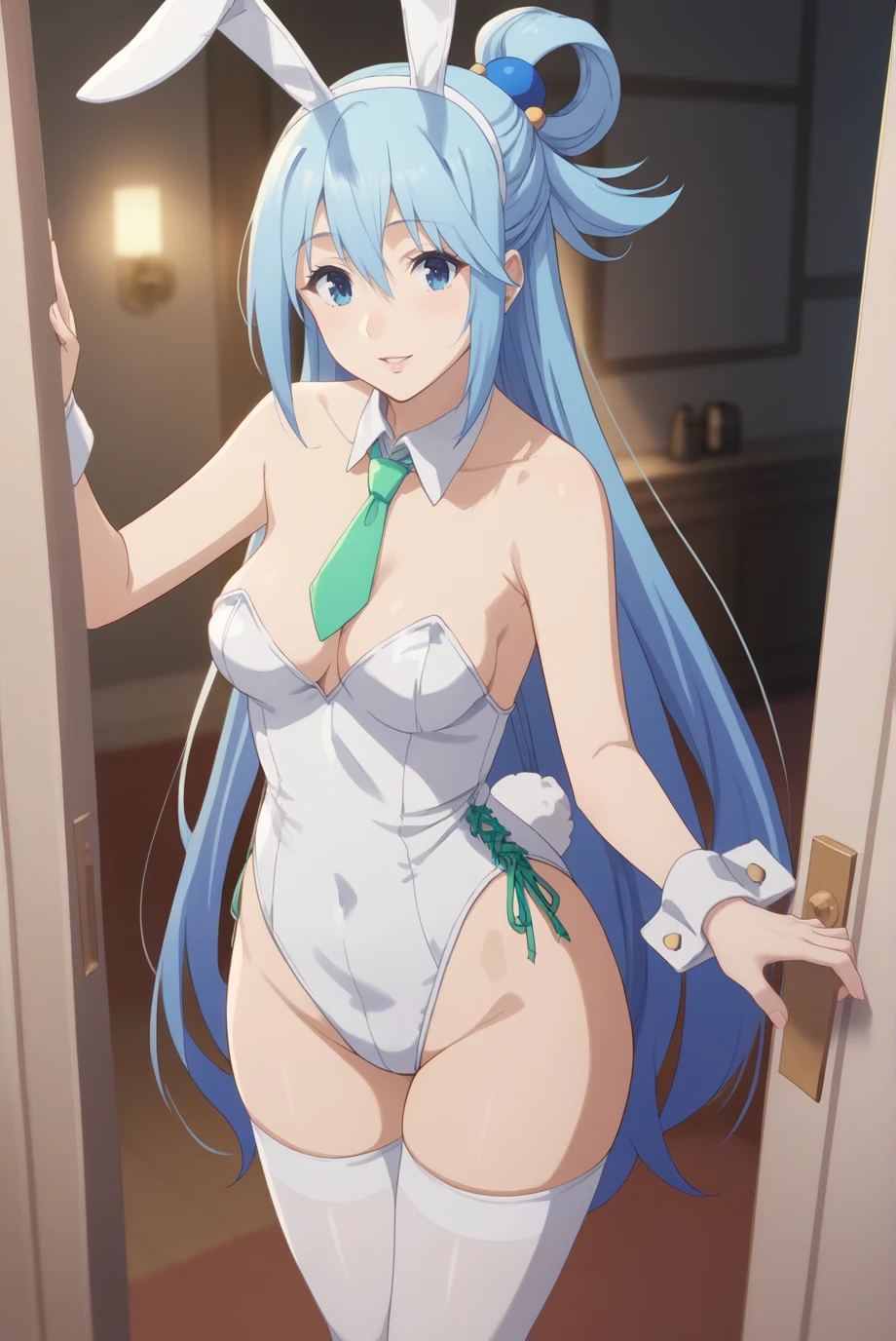 score_9, score_8_up, score_7_up, score_6_up, score_5_up, score_4_up, BREAK source_anime, 1girl, solo,
<lora:AquaXL-v1-07:0.7>, ChopioAqua, blue hair, long hair, very long hair, hair ornament, hair between eyes, blue eyes, looking at viewer,
mature female, (thick thighs:0.8), medium breasts,
single hair ring,
outfit_4, playboy bunny, rabbit tail, fake animal ears, bare shoulders, detatched collar, detatched sleeves, green necktie, highleg leotard, strapless leotard, white leotard, cleavage, white stockings, headband,
bedroom, doorway, sexy pose, leaning, seductive smile, parted lips, cross-laced clothes,