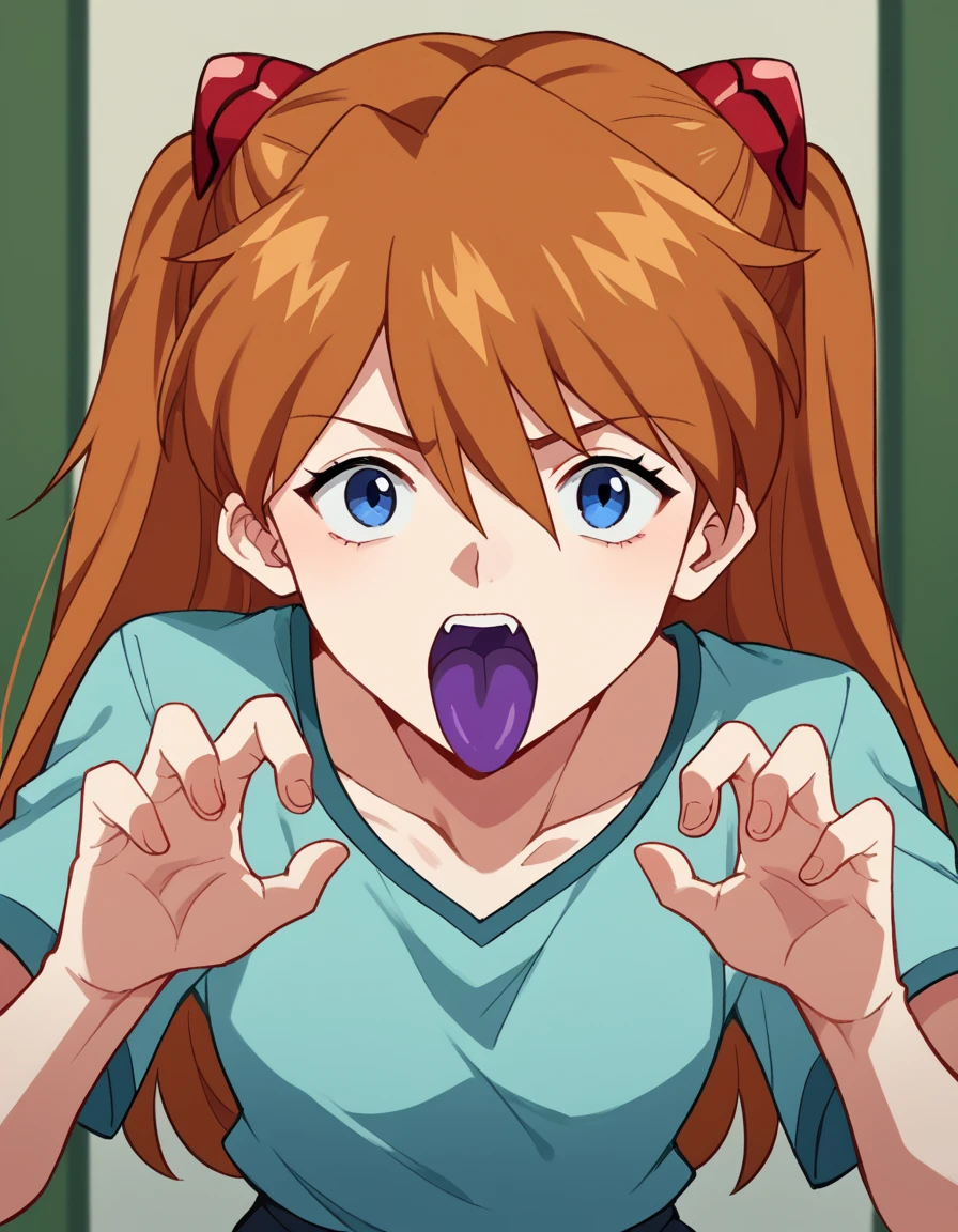 score_9, score_8_up, score_7_up, source_anime, asukalangleysoryu, <lora:asuka-langley-soryuu-classic-ponyxl-lora-nochekaiser:1>, asuka langley soryu, long hair, bangs, blue eyes, brown hair, hair ornament,, <lora:ghost-pose-ponyxl-lora-nochekaiser:1>, ghost pose, ghost, purple tongue, open mouth, looking up,, indoors,, cowboy shot, dutch angle, looking at viewer,