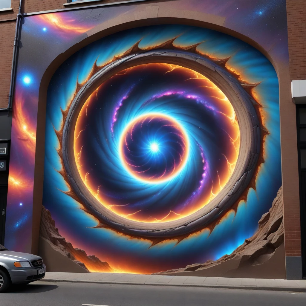 Cosmic Portal: mural by John Pugh features a massive, swirling galaxy bursting through a cracked wall, with stars and nebulae spilling into the street, blending the cosmos with urban reality.  (Octane Rendered_cinema 4D_Trompe_l_œil1, Fixl_ART : 1.2)  