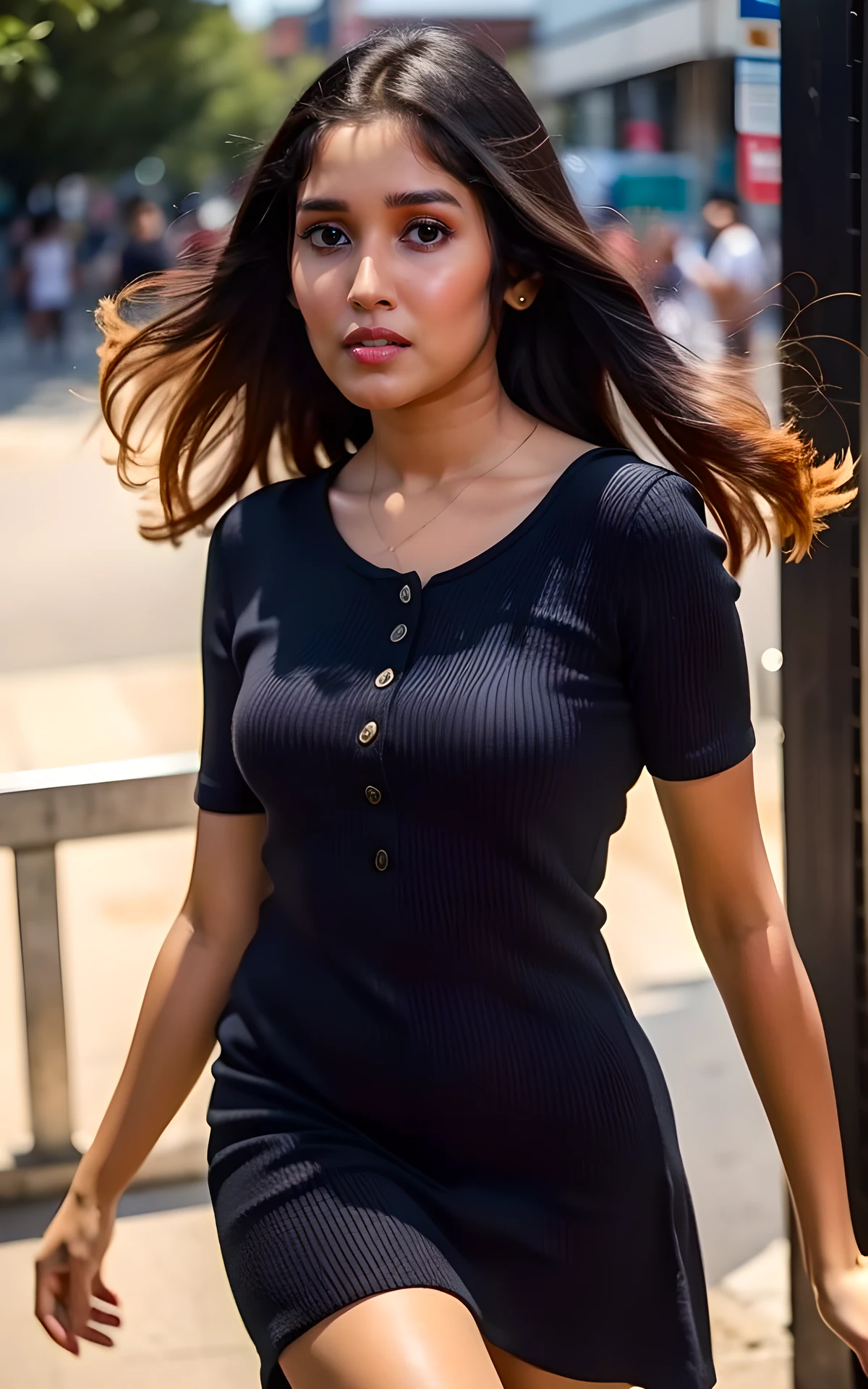 <lora:Anikha:1> , Anikha, (realistic), (hyperrealism), (photorealistic:1.4), 1girl, looking at the viewer, eye makeup, detailed eyes, detailed face, (upper body:1.2), detailed background, (black dress:1.4), walking at the streets, sunset, (windy:1.2)