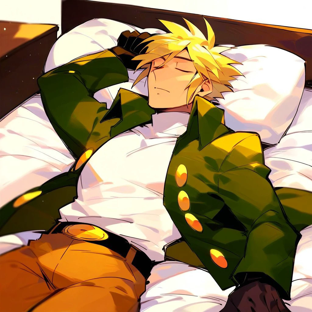 score_9,score_8_up,score_7_up, solo, 1boy, male focus, sidelocks, blonde hair, black gloves, white shirt, green jacket, belt, brown pants, closed eyes, sleeping, bed, on bed, lying, on back, indoors