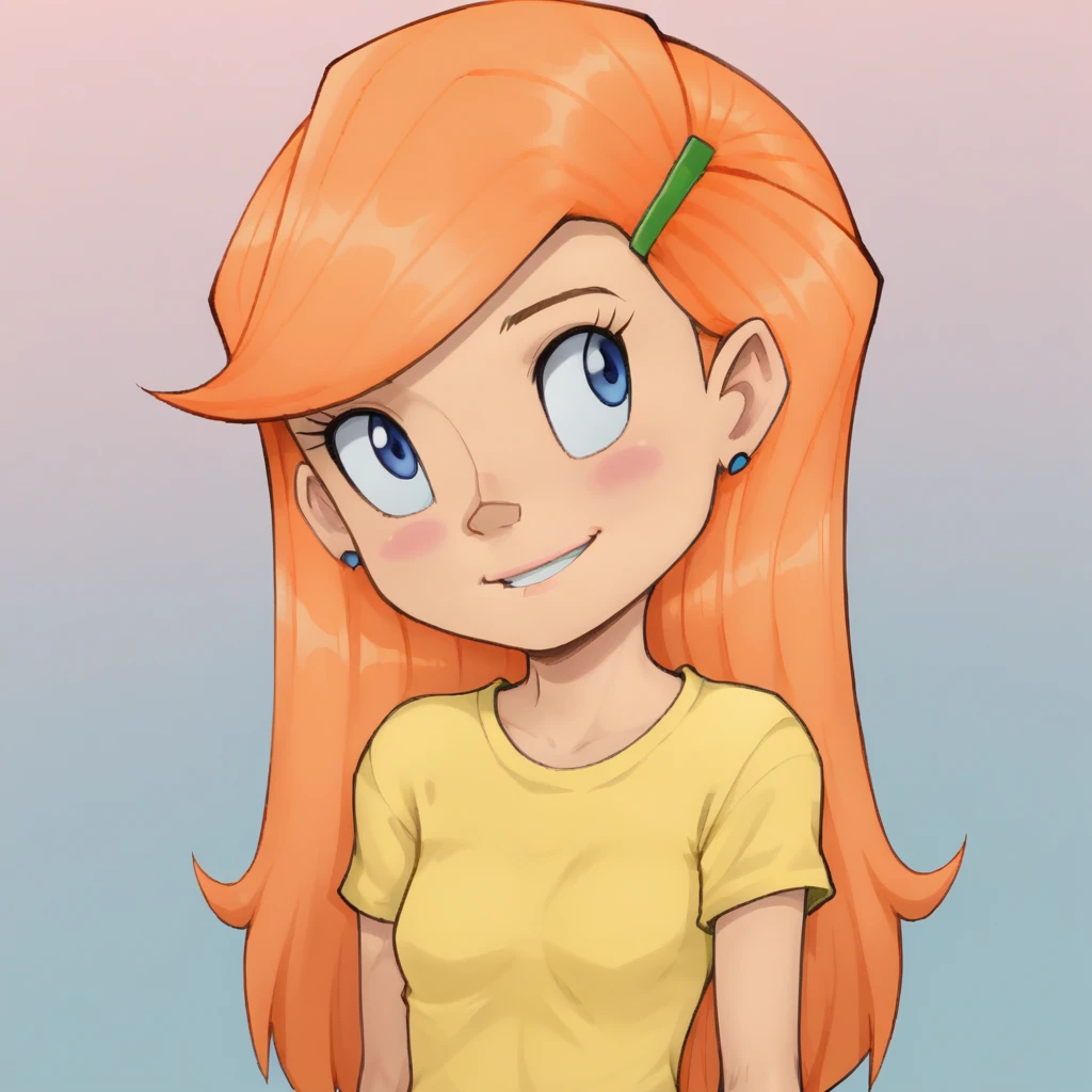 score_7_up, BREAK, Riley,  1girl, solo, orange hair, long hair, blue eyes, hairclip,  <lora:RileyDaring_FluffyStyle_PXL_Leaf1:0.8>, gradient background,portrait, yellow t-shirt,