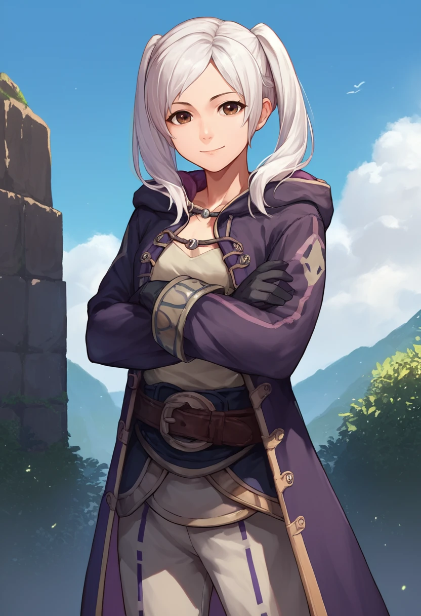 score_9, score_8_up, score_7_up, source_anime, solo, 1girl, femrobindef, smile, looking at viewer, crossed arms, white hair, twintails, brown eyes, hooded robe, open robe, long sleeves, belt, black gloves, pants, outdoors <lora:fireemblem_femrobin_ponyXL-000008:1>