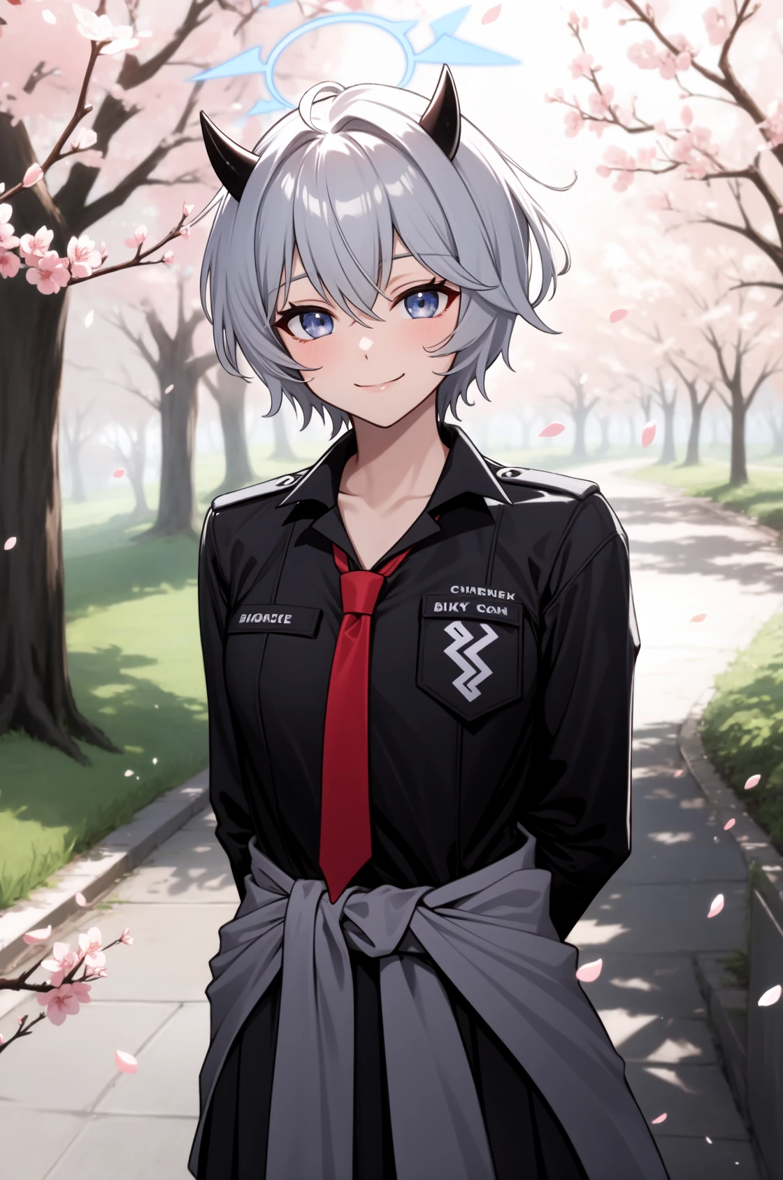 solo, masterpiece, best quality, outdoors, street, cherry blossom, looking at viewer, cowboy shot, smile, closed mouth, erika, blue eyes, grey hair, short hair, black horns, halo, black shirt, red necktie, grey jacket, jacket around waist, black skirt, pleated skirt, white kneehighs, black shoes, black gloves, half gloves, arms behind back