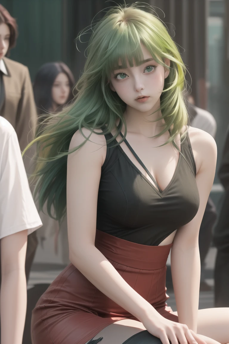 (bare breasts:0.2)best quality, ultra high res, (photorealistic:1.4), (green long hair:1.3), (azur lane\), 1girl, (Kpop idol),  slender body, looking at viewer, cute,banyak face, detailed face, contrapposto, smooth skin, perfect anatomy, white camisole, big breast cup g, latex,pure black pleated skirt,  cityscape, night, rain, wet, professional lighting, shopping mall entrance, outdoor, no teeth