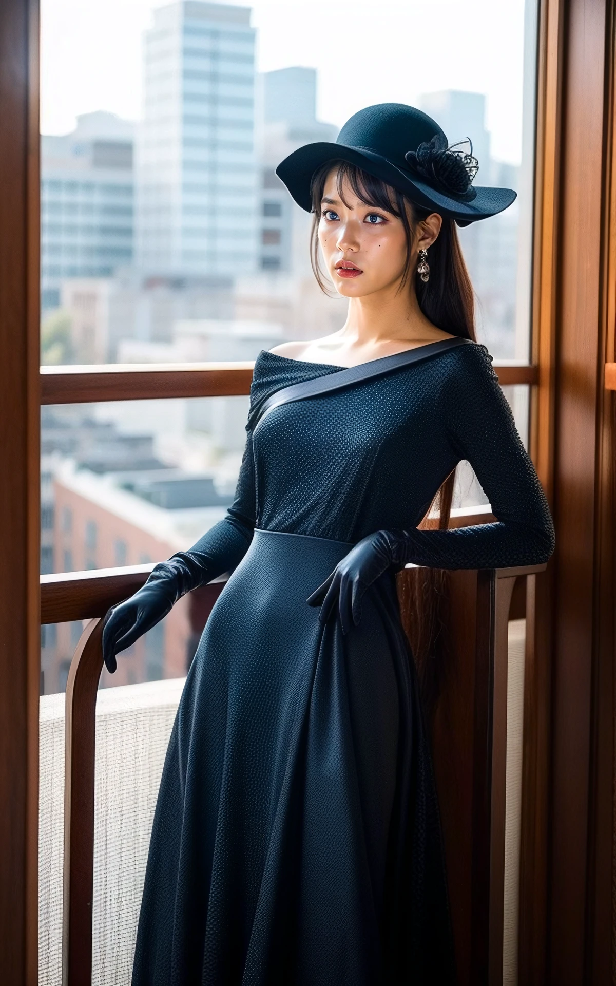 halfbody  <lora:Jang_Man_Wol_V2:1> Jang_Man_Wol, hotel del luna, kdrama, BREAK long fashionable dress, jewellery, (posh:1.3), big hat, gloves