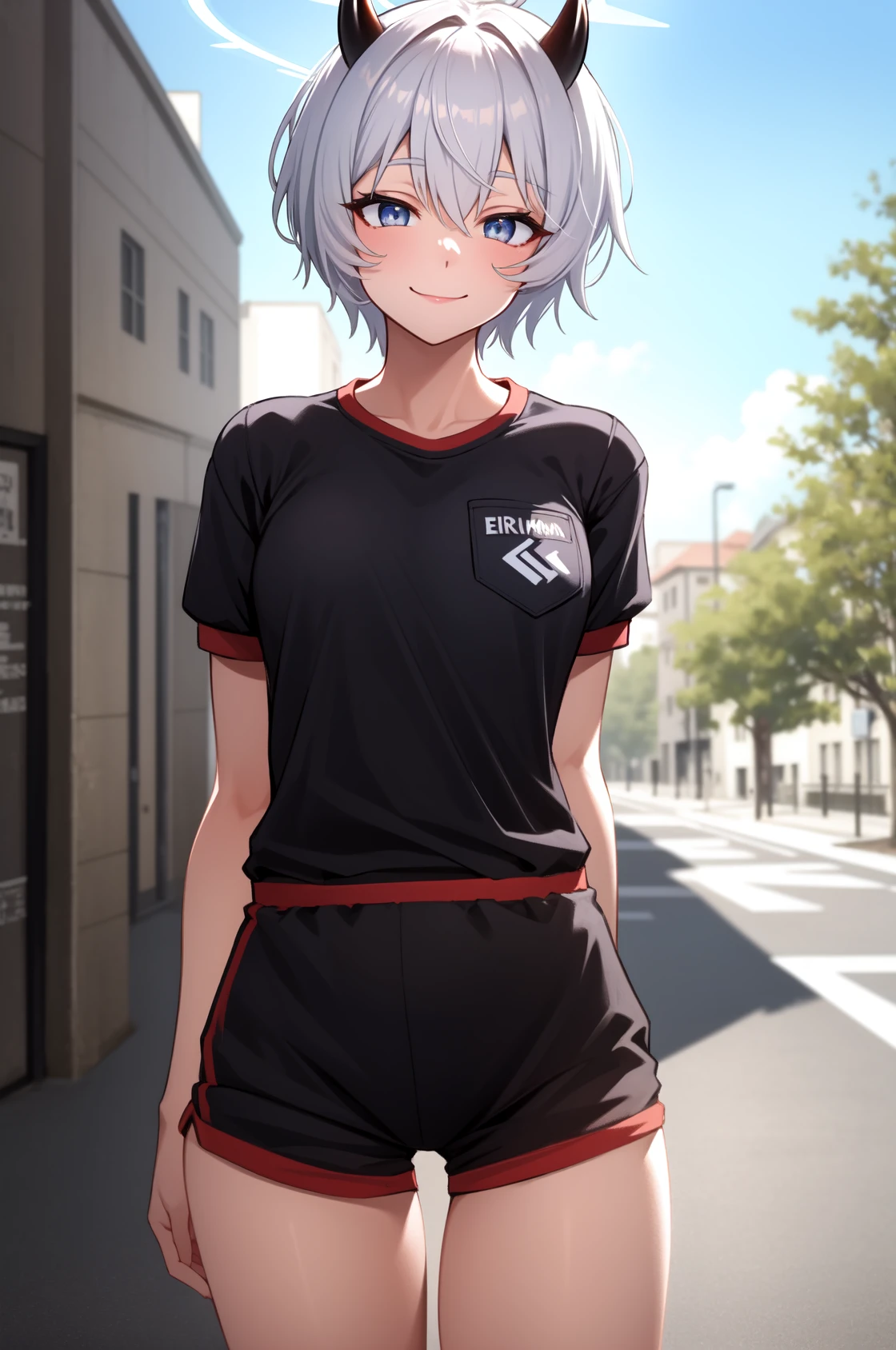 solo, masterpiece, best quality, outdoors, street, looking at viewer, cowboy shot, smile, closed mouth, erika, blue eyes, grey hair, short hair, black horns, halo, shirt, short sleeves, gym uniform, black buruma