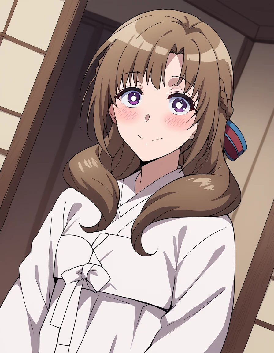 score_9, score_8_up, score_7_up, source_anime, mamakooosuki, <lora:mamako-oosuki-s1-ponyxl-lora-nochekaiser:1>, mamako oosuki, long hair, brown hair, purple eyes, hair ribbon, braid, bright pupils, french braid, white pupils,, <lora:hanbok-ponyxl-lora-nochekaiser:1>, hanbok, korean clothes,, indoors, smile, blush,, cowboy shot, dutch angle, looking at viewer,