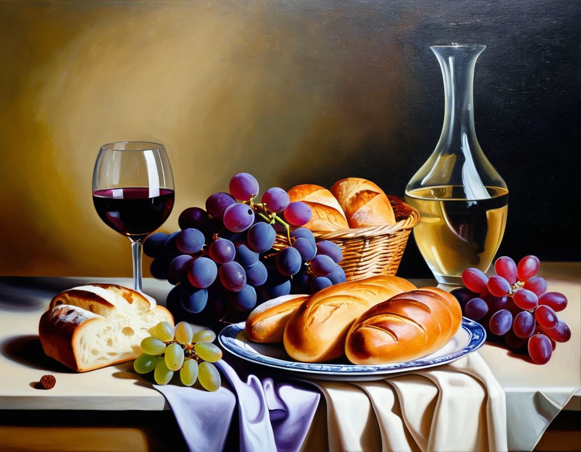 JLDD,a painting of a still life, no humans, food, grape, indoors, glass, flower, bread, <lora:David_XL_:1>