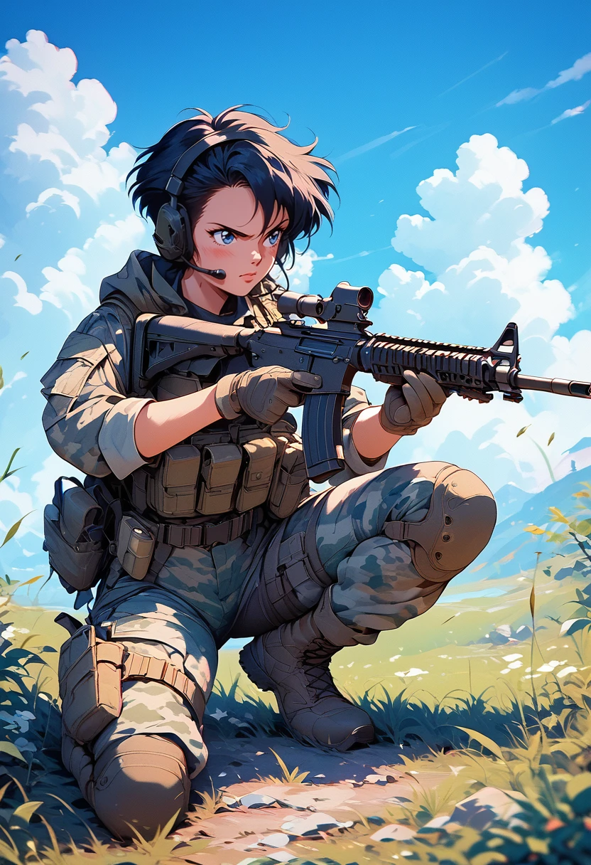 (score_9, score_8_up), score_7_up,  1girl, short hair, blue eyes, black hair, gloves, holding, weapon, boots, outdoors, sky, day, pants, cloud, holding weapon, blue sky, gun, military, grass, holding gun, rifle, headset, assault rifle, knee pads, one knee, trigger discipline, camouflage, scope, load bearing vest, retro
<lora:nostalgia-000011:0.7>   <lora:warcore-000011:0.8>