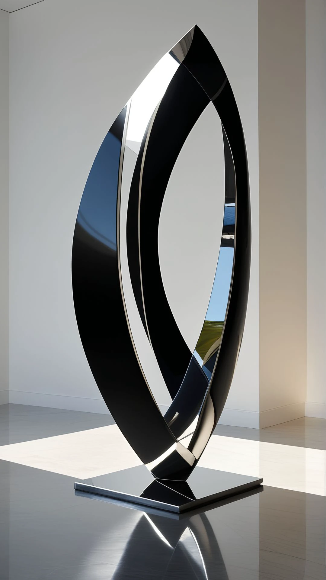 contemporary sculpture, sleek lines, abstract form, polished metal, reflective surface, minimalist design, modern aesthetic, engaging with space, interplay of light and shadow, artistic statement