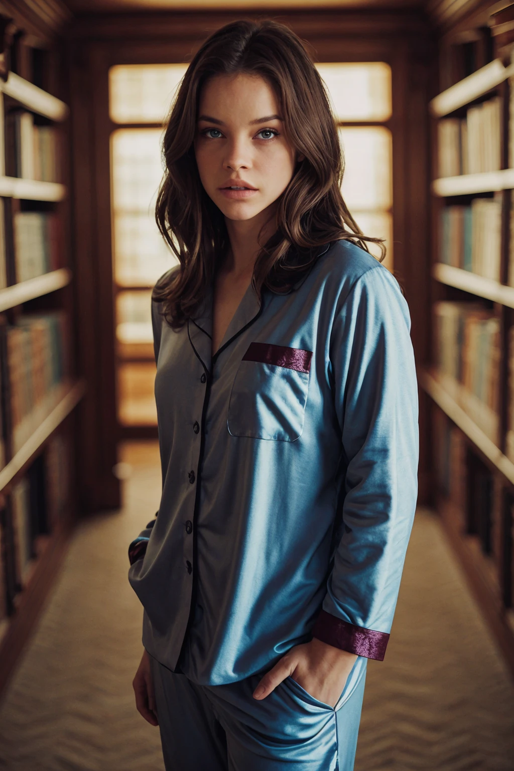 a woman wearing ((pajamas)), (Haunted Library), (cinematic lighting:0.4) <lora:[HU]_-_Barbara_Palvin:1> mt-barbarapalvin, RAW candid cinema, 16mm, color graded portra 400 film, remarkable color, ultra realistic, textured skin, remarkable detailed pupils, realistic dull skin noise, visible skin detail, skin fuzz, dry skin, shot with cinematic camera