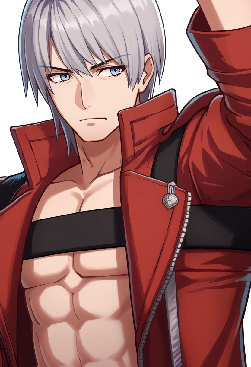 score_9, score_8_up, score_7_up, source_anime BREAK 1boy, solo,
<lora:zs_EngagePortraitsXL:1> engageportraits, portrait, white background,
<lora:dmc3_dante_ponyXL:1> dmc3dante, grey hair, bangs, blue eyes, red coat, bandeau,