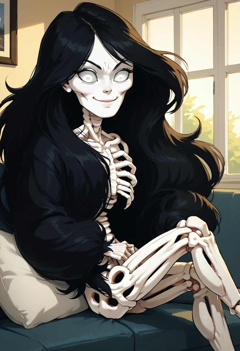 score_9, score_8_up, score_8,   <lora:Gary_the_Mermaid_Adventure_Time_for_PonyXL:0.8> g4ry, black hair, 1girl, bone, long hair, white eyes, sitting on couch, living room, window, smile,