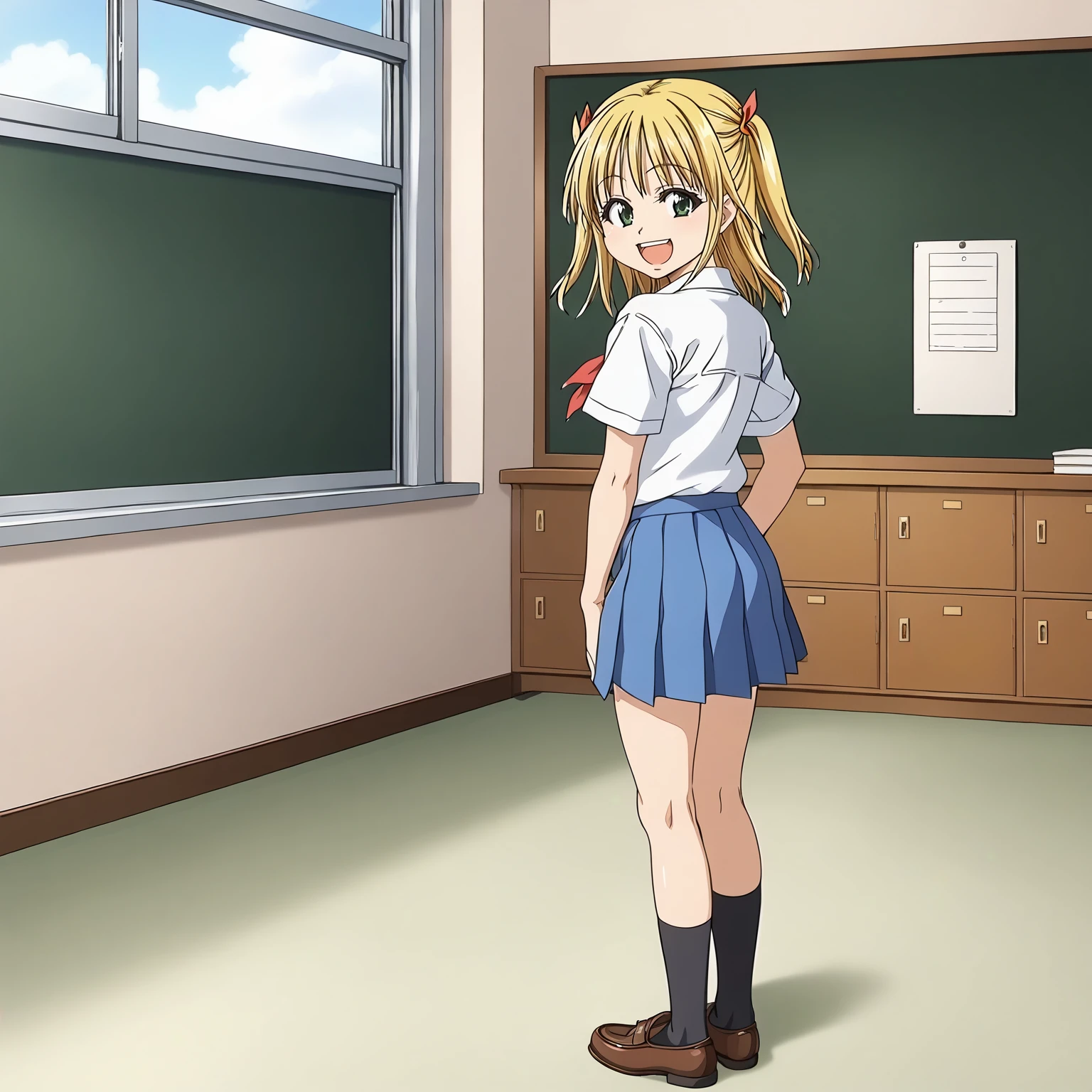 <lora:YuiWadaXLpony001>,
smile,open mouth,
solo,
YuiWada,1girl,blonde hair,two side up,green eyes,
school_uniform,white shirt,short_sleeves,
pleated_skirt,blue skirt,
black socks,
indoors,
full body,standing,looking back,