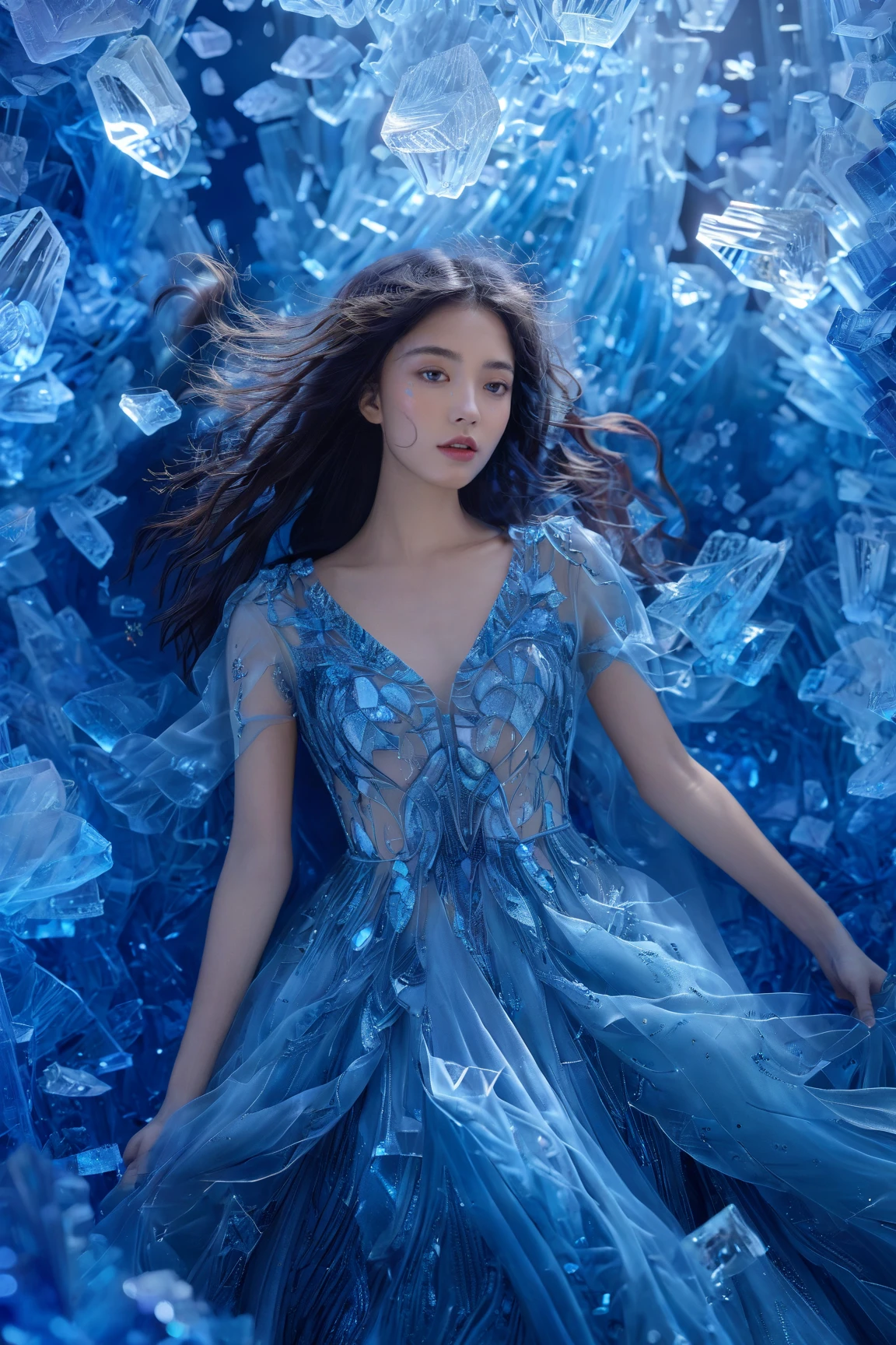 A woman surrounded by shattered blue crystals, floating amidst a vibrant blue backdrop. She wears a sparkling blue dress adorned with intricate patterns, and her long, wavy hair flows freely around her. The crystals appear to be suspended in mid-air, creating an ethereal and dreamy atmosphere.,xxmixgirl<lora:EMS-310343-EMS:0.800000>, <lora:EMS-412156-EMS:0.700000>