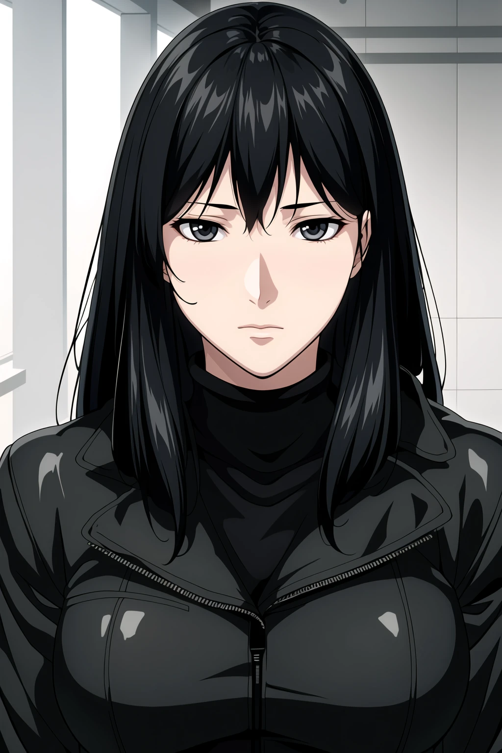 Simple Background,black Background,
dynamic pose,standing at attention,
black Jacket, Black Shirt, long sleeves, turtleneck, 
<lora:Naomi_Misora_DeathNote-KK77-V1:0.7>,
black eyes, black hair,bangs,Long hair,
<lora:more_details:0.1>,<lora:Oda_Non_Style-KK77-V2:0.3>,<lora:Sexy_AIart-KK77-V1:0.3>,
1 girl, 20yo,Young female,Beautiful long legs,Beautiful body,
Beautiful Nose,Beautiful character design, perfect eyes, perfect face,expressive eyes,perfect balance,
looking at viewer,(Focus on her face),closed mouth, (innocent_big_eyes:1.0),(Light_Smile:0.3),
official art,extremely detailed CG unity 8k wallpaper, perfect lighting,Colorful, Bright_Front_face_Lighting,White skin,
(masterpiece:1.0),(best_quality:1.0), ultra high res,4K,ultra-detailed,
photography, 8K, HDR, highres, absurdres:1.2, Kodak portra 400, film grain, blurry background, bokeh:1.2, lens flare, (vibrant_color:1.2),professional photograph,
(Beautiful,large_Breasts:1.4), (beautiful_face:1.5),(narrow_waist),