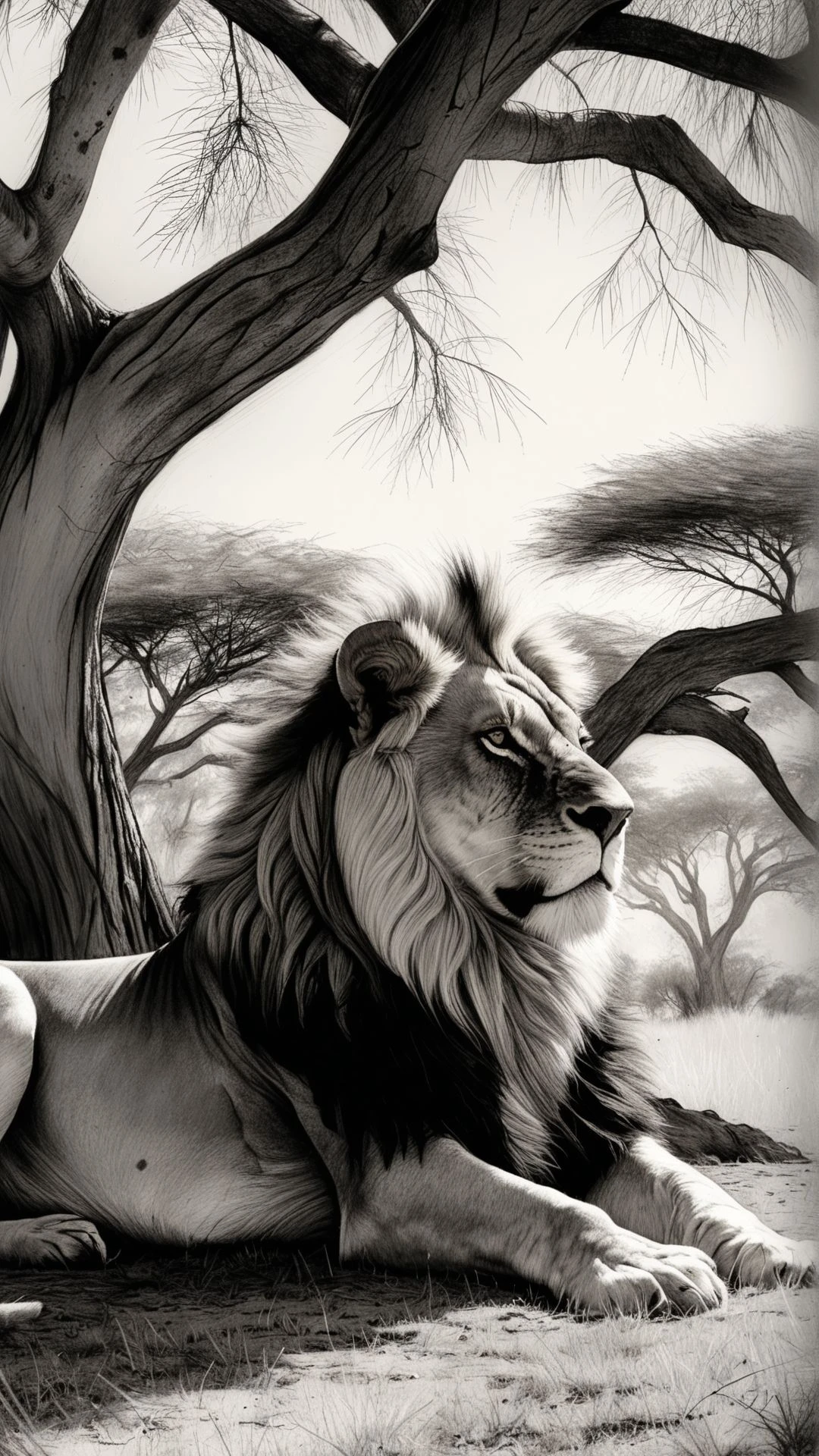 A detailed charcoal drawing of a lion resting in the shade of an acacia tree in the African savannah, its powerful form and regal presence emphasized through rich textures and deep contrasts.
,masterpiece, best quality, creative artwork, trending on artstation,