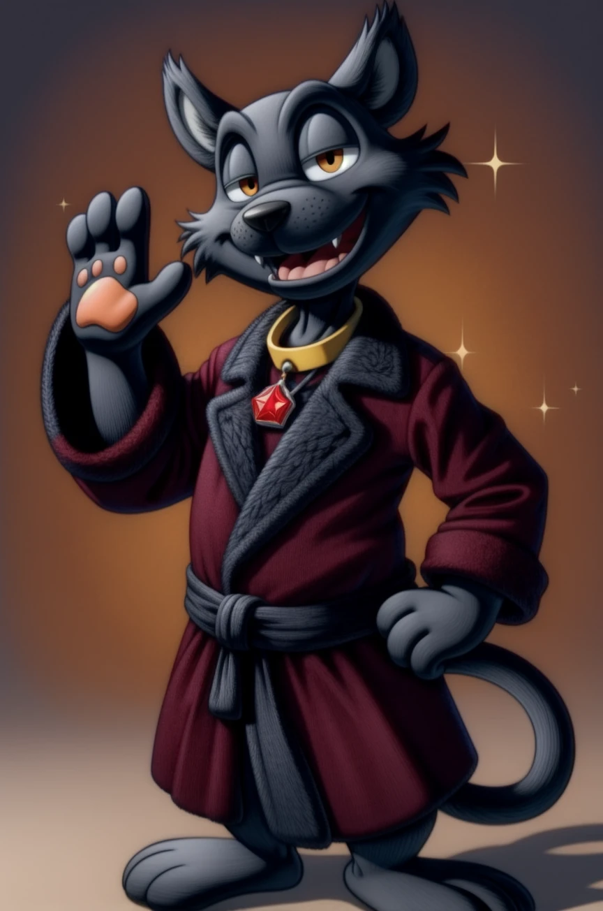 salem saberhagen, anthro, male, solo, jewel collar, red jewel pendant, red robe, standing, biped, tail, hand on hip, raised hand, pawpads, smile, masterpiece, extreme detail, half-closed eyes, smile, smug, mouth open, open smile, fangs, looking at viewer, simple background, magic, sparkles, star, velvet