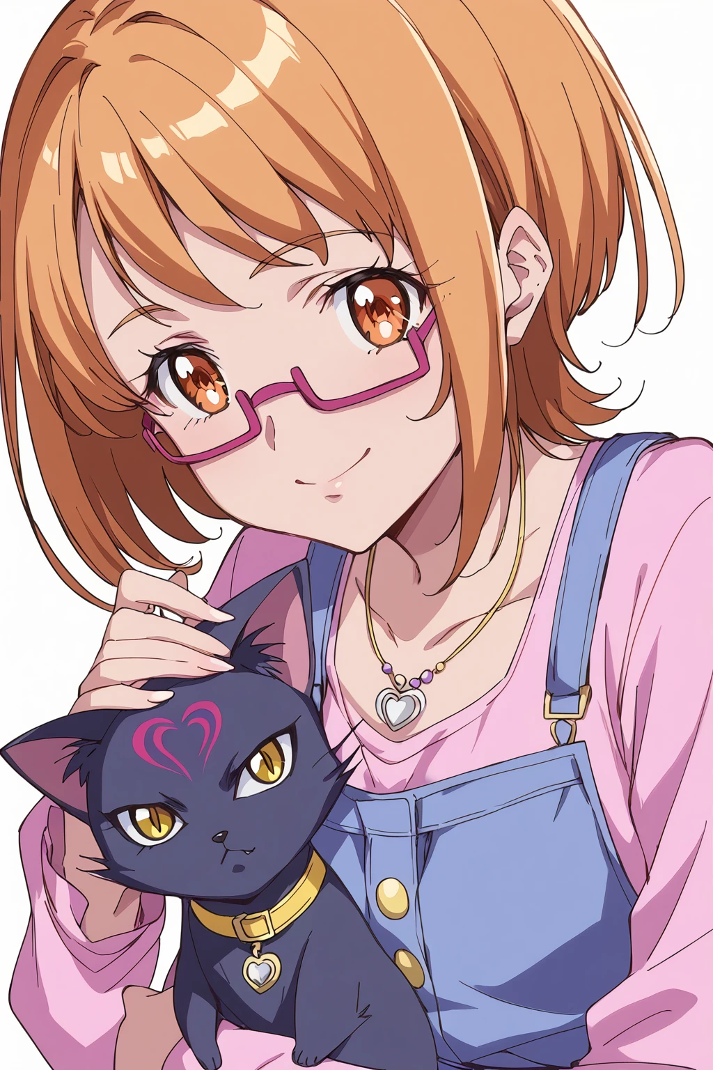 <lora:suite_precure_all_in_one_sdxl_locon_pony_v1:0.7> score_9, score_8_up, score_7_up, source_anime BRAKE simple background, white background, 1girl, 1other, shirabe ako, short hair, brown hair, orange hair, blonde hair, eyebrows visible through hair, eyelashes, under-rim eyewear, pink-framed eyewear, purple-framed eyewear, brown eyes, orange eyes, overalls, buttons, pink shirt, long sleeves, holding cat, smile, upper body,
1girl, 1other, seiren \(suite precure\), black cat, furry, (black fur, white fur, two-tone fur, v-shaped eyebrows, frown:1.2), body fur, yellow eyes, eyelashes, slit pupils, cat ears, animal nose, facial mark, forehead mark, cat tail, collar, yellow choker, necklace, tail ring, bracelet, fang, half-closed eyes