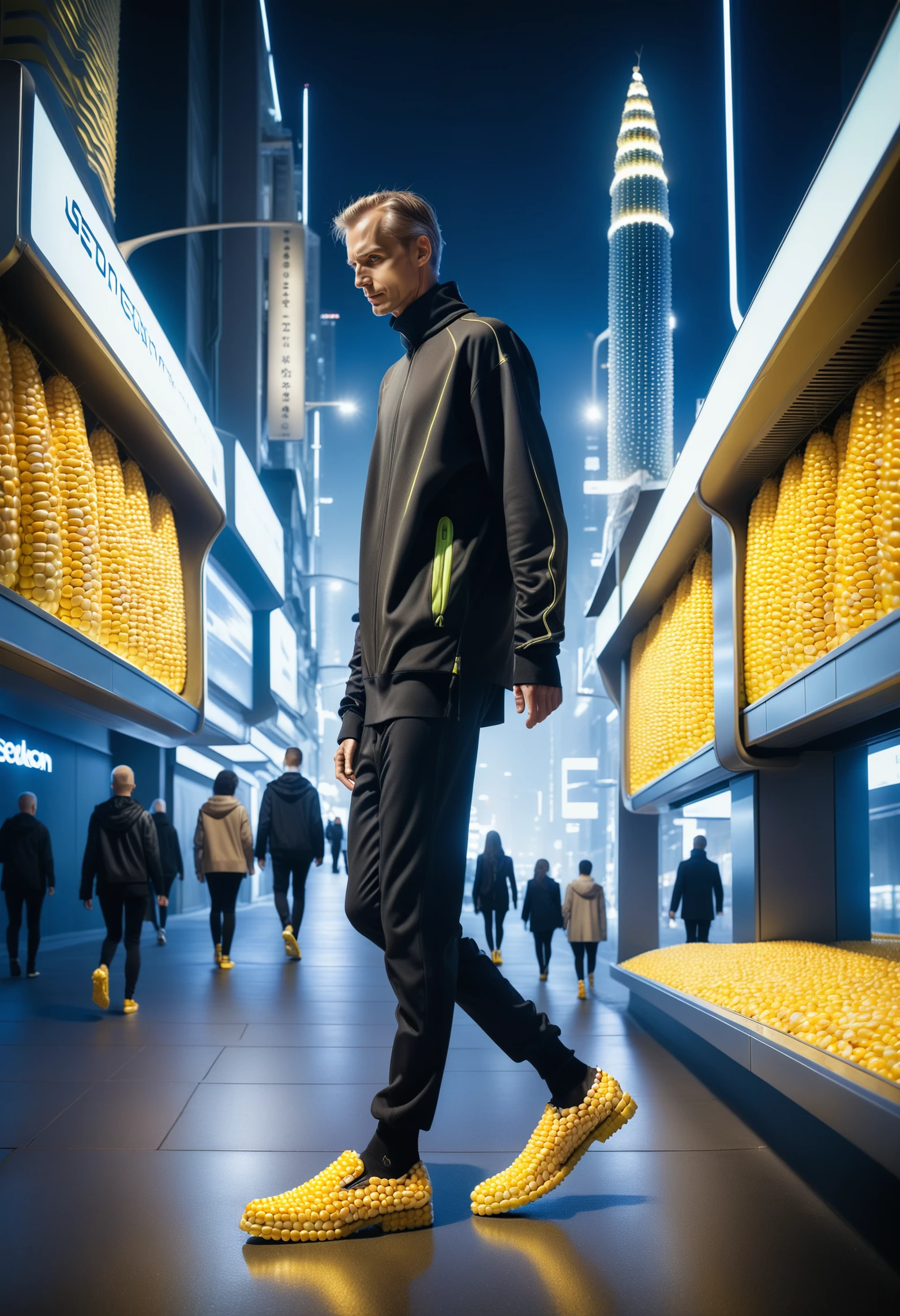 a man walking in a futuristic city by night wearing a pair of corn kernel shoes, Jed-CornK    <lora:CornKernelStyle:0.7>