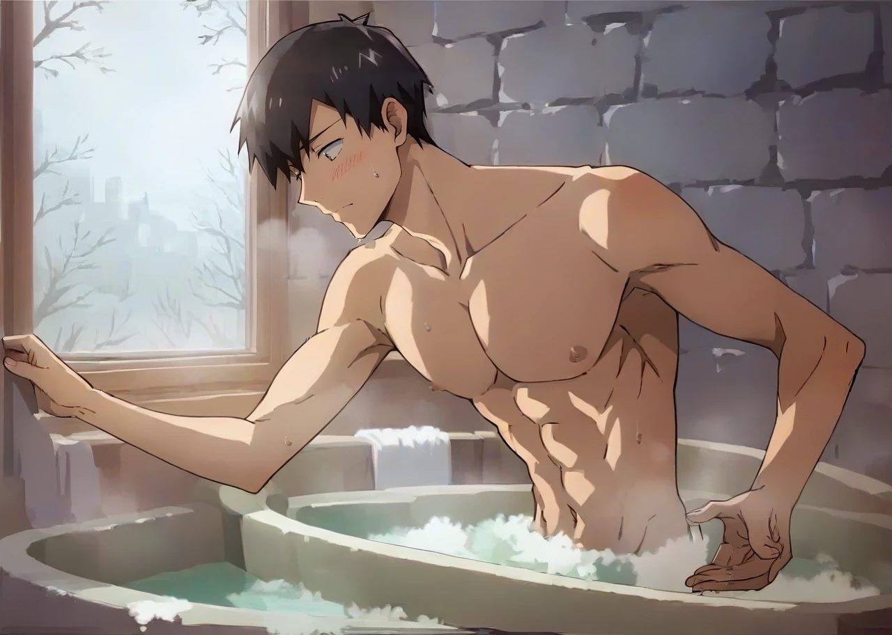 (score_9, score_8_up, score_7_up, score_6_up),(((best quality, masterpiece, ultra-detailed))),(source_anime, perfect anatomy, anatomically correct hands:1.4),beautiful lighting,real skin,1boy,Mukohda,relax,slim sexy body,skinny,abs,((soak in a warm bath)),in the bathroom,solo,foggy,blush,cowboy shot,<lora:aesthetic_anime_v1s:1>,<lora:Mukohda_SDXL-000009:0.8>,