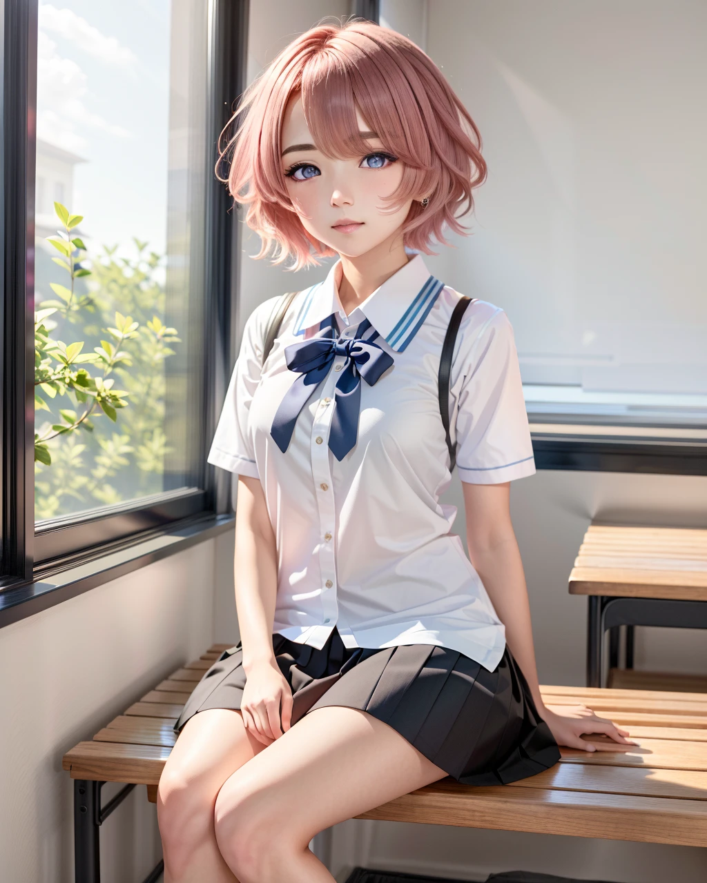 best quality,masterpiece,highly detailed,ultra-detailed, 
 <lora:neg9V2_last:0.7> 
arimura-mao, short hair, looking at viewer, solo, 1girl, blush, pink hair, purple eyes, blue eyes, school uniform,summer uniform, full body, cool girl,sitting, classroom, bench, window shade, 
 <lora:arimura-mao:1><lora:anime-minimalist:0.7> flower,