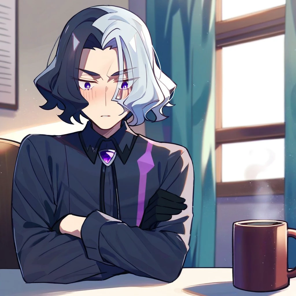 score_9,score_8_up,score_7_up,score_6_up,score_5_up,score_4_up, solo, 1boy, male focus, short hair, white hair, black hair, two-tone hair, multicolored hair, purple eyes, black gloves, jewel, brooch, black shirt, black pants, collared shirt, long sleeves, crossed arms, blush , sitting, indoors, chair, window, curtain, looking down ,table, mug, coffee