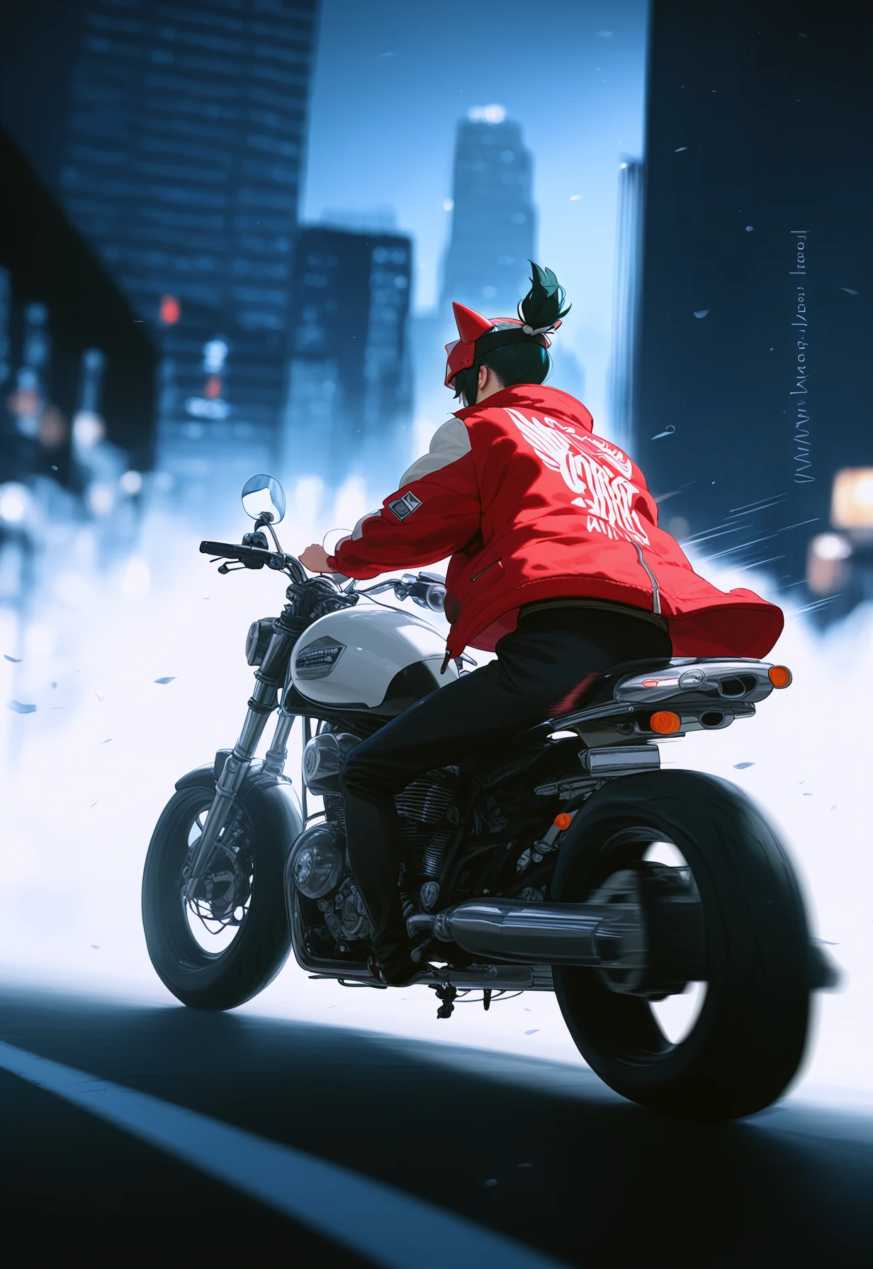 (motion blur, motion lines, wind, dynamic:1.2), kiriko \(overwatch\) riding a motorcycle, motorcycle helmet, jacket, blurry
BREAK realistic illustration, dark and moody, muted colors, score_9, score_8_up, score_7_up, night, metropolis highway