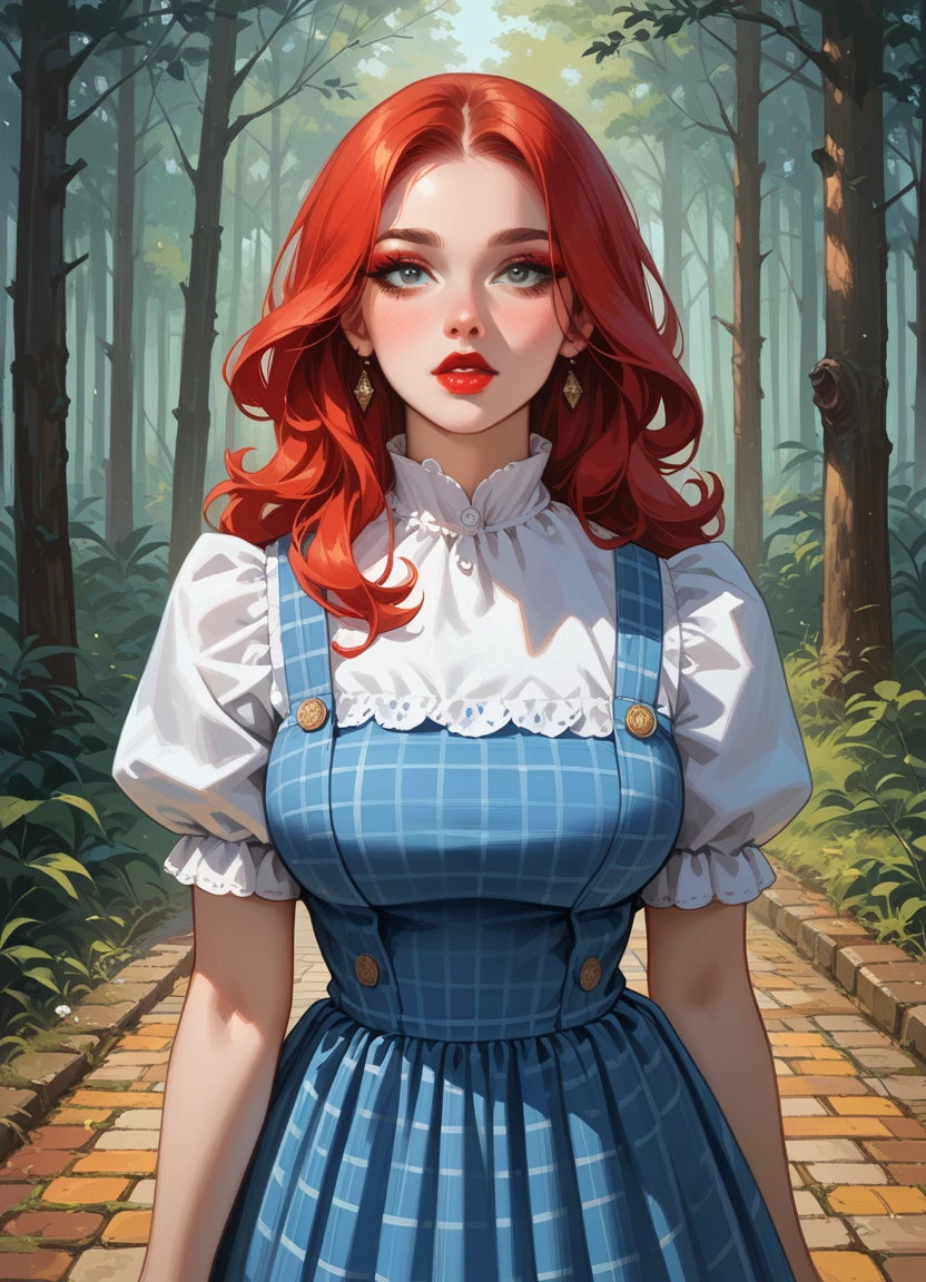 score_9, score_8_up, score_7_up, score_6_up, score_5_up, score_4_up, 1girl, solo, long red hair, makeup, lipstick, hud_drthy_drss, blue dress, pinafore dress, short puffy sleeves, plaid, <lora:dg-000008:0.6>, forest, dark, night, large breasts, sexy, upper body, yellow brick road