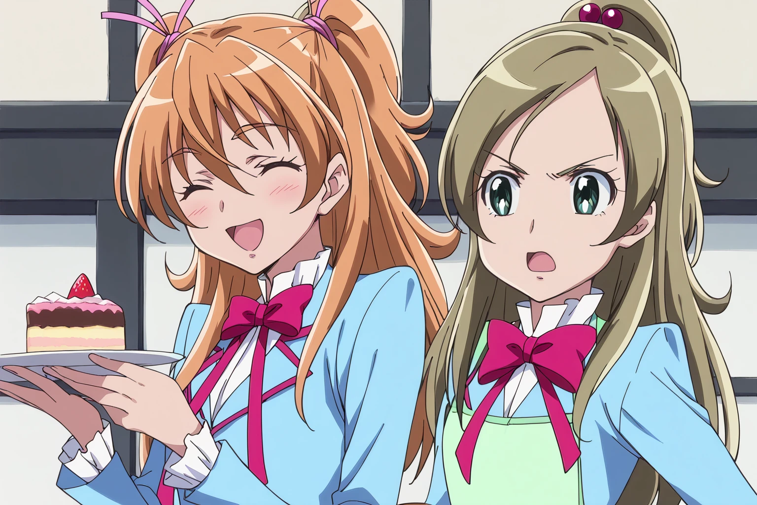 <lora:suite_precure_all_in_one_sdxl_locon_pony_v1:0.8> score_9, score_8_up, score_7_up, source_anime BRAKE kitchen, table, indoors, 2girls, houjou hibiki, aria gakuen school uniform, closed eyes, two side up, open mouth, blue shirt, smile, brown hair, eyelashes, pink bow, hair ribbon, :d, ^ ^, eating, long sleeves, happy, bowtie, blush, blue jacket, pink ribbon, orange hair, holding food, eyebrows visible through hair, blonde hair, pink neckwear, hair ornament, white shirt, blazer, strawberry shortcake, hair between eyes, upper body, very long hair, eyebrows, red neckwear blue, neck ribbon, ^o^, half updo, dress shirt, hand on own chest, cake slice, from side,
2girls, minamino kanade, aria gakuen school uniform, apron, green eyes, long hair, angry, half updo, brown hair, hair bobbles, hair ornament, eyelashes, looking at another, ponytail, blue shirt, bowtie, blonde hair, ribbon, pink bow, long sleeves, red neckwear, light brown hair, aqua eyes, upper body, open mouth, blue jacket, v-shaped eyebrows, hands on own hips,