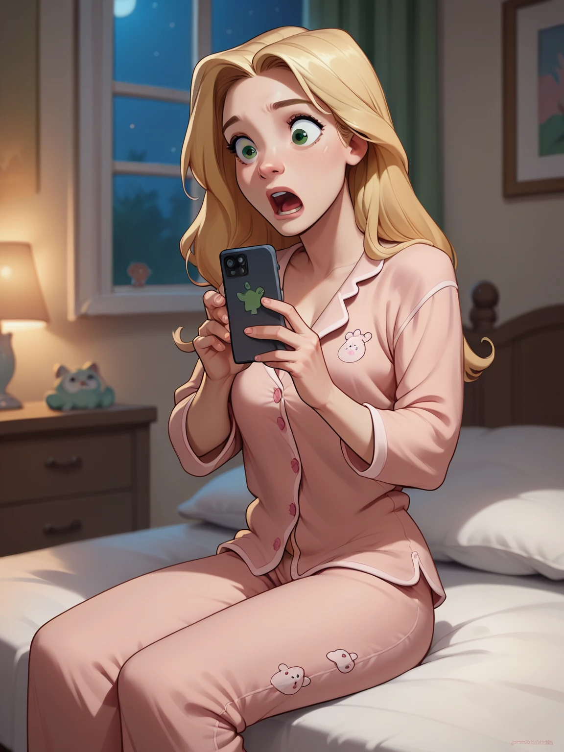 score_9, score_8_up, score_7_up, score_6_up, score_5_up, score_4_up, bedroom, night, bed, smartphone,
<lora:xgrl03:1>, 1girl, xgrl, long hair, blonde hair, green eyes, looking at phone, surprised,
solo, pink pajamas, pajamas pants, sitting