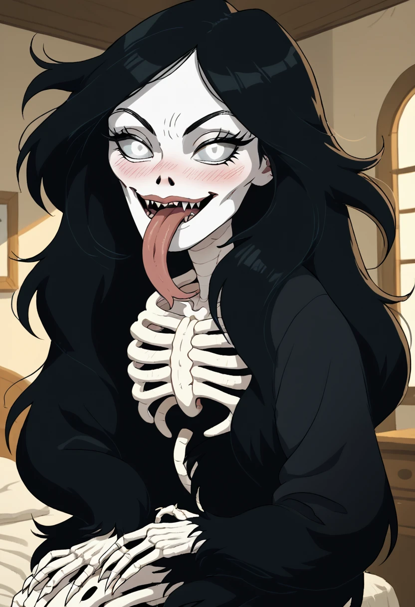 score_9, score_8_up, score_8,   <lora:Gary_the_Mermaid_Adventure_Time_for_PonyXL:0.8> g4ry, black hair, 1girl, bone, long hair, white eyes, indoors, bedroom eyes, tongue out, smile, fangs, blush, looking at viewer,