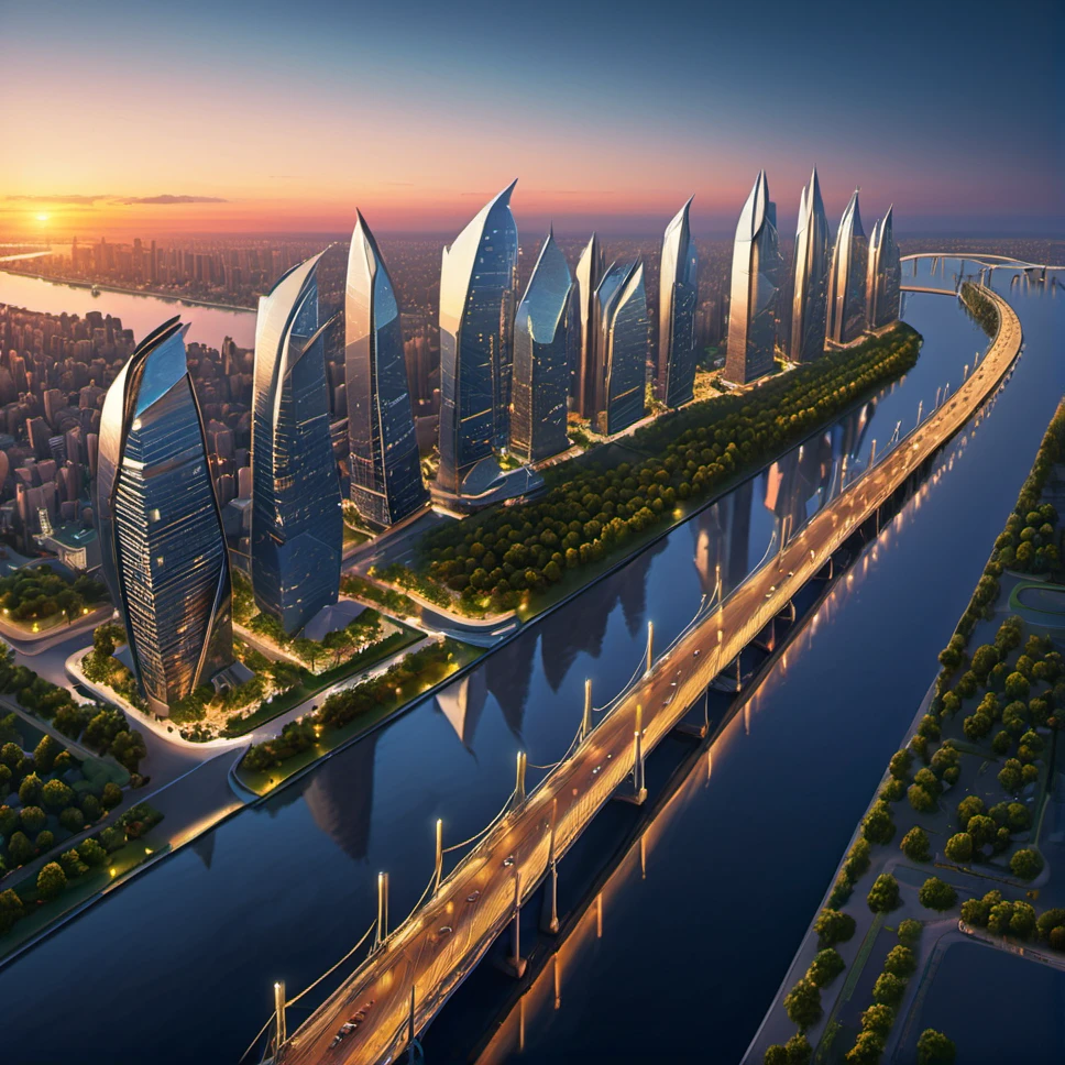 cityscape, futuristic architecture, bridge, waterfront, urban planning, sunset, skyscrapers, reflective surfaces, symmetrical design, wide boulevard, pedestrian pathways, boats, trees, high dynamic range, glowing lights, clear sky, modern, tranquil water, aerial view, large-scale development, advanced infrastructure ,<lora:ç§å¹»-000004:0.8>