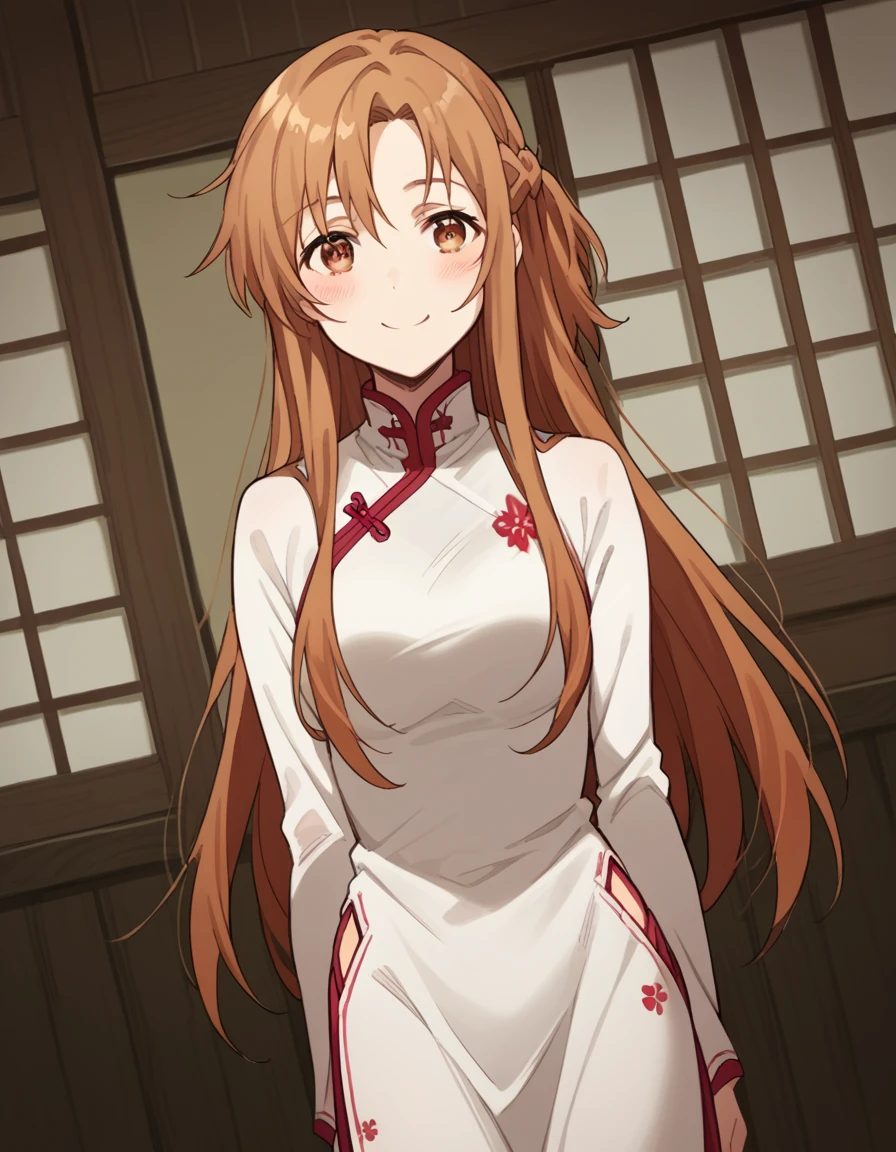 score_9, score_8_up, score_7_up, source_anime, asunayuuki, <lora:asuna-yuuki-s1-ponyxl-lora-nochekaiser:1>, asuna yuuki, long hair, brown hair, brown eyes,, <lora:vietnamese-dress-ponyxl-lora-nochekaiser:1>, vietnamese dress, vietnamese clothes, rice hat,, indoors, smile, blush,, cowboy shot, dutch angle, looking at viewer,