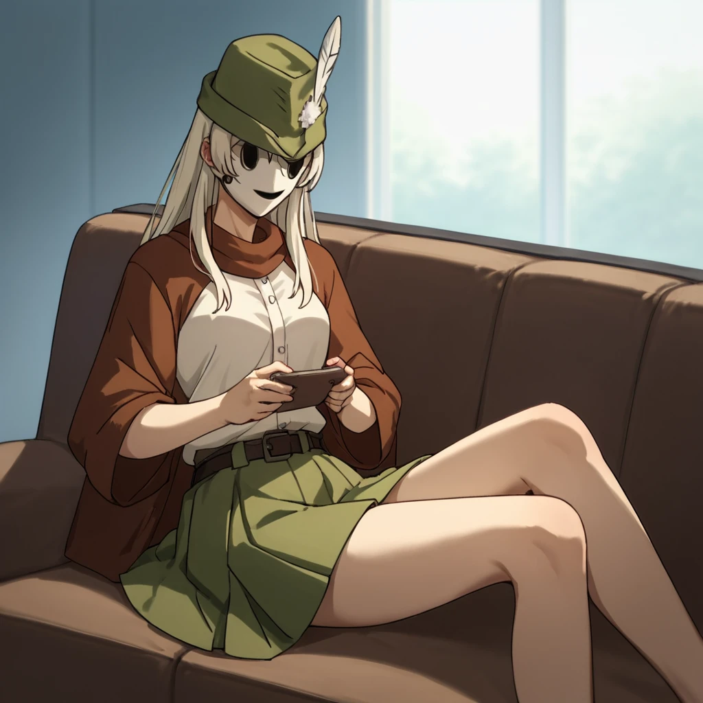 score_9, score_8_up, score_7_up, score_6_up, score_5_up, score_4_up, source_anime,  WeißeFeder, mask, green hat, white feather, green skirt, sitting, couch, relaxing