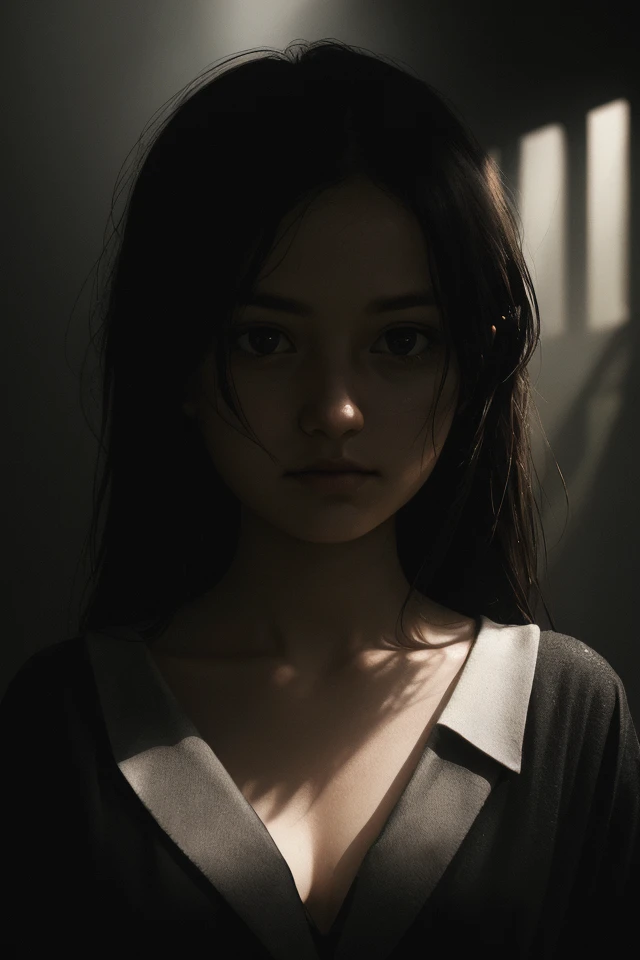 portrait, upper-body, natural-sunlight, dark-background, ominous, cinematic,