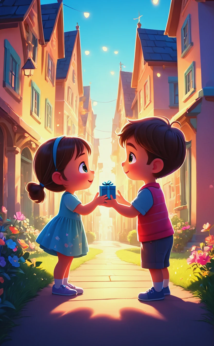 Love is, gift, illustration, cute cartoon, painting, animation, cinematic lighting, backlight, soft shadows, sharp focus, strong bold lines, fractal, colorful, depth of field, best quality, 16k resolution,   <lora:Love_is_antinoice_XL:0.7>